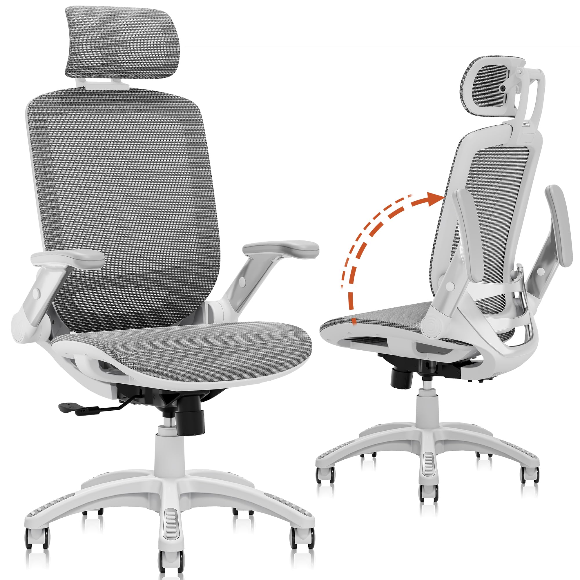 GABRYLLY Ergonomic Office Chair, High Back Home Desk Chair with Flip-Up Arms, Headrest, 90-120° Tilt and Wide Cushion, 300LBS White Mesh Chair for Work Gaming Study (GY01-NT, Woodgrain Pattern)
