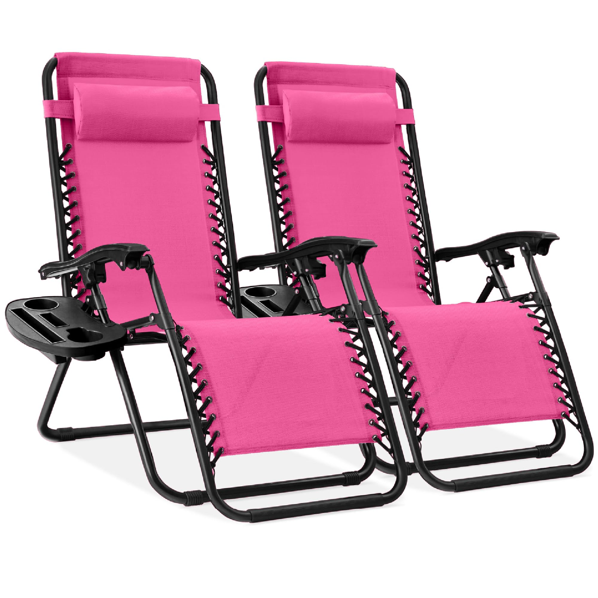 Best Choice Products Set of 2 Adjustable Steel Mesh Zero Gravity Lounge Chair Recliners w/Pillows and Cup Holder Trays - Black
