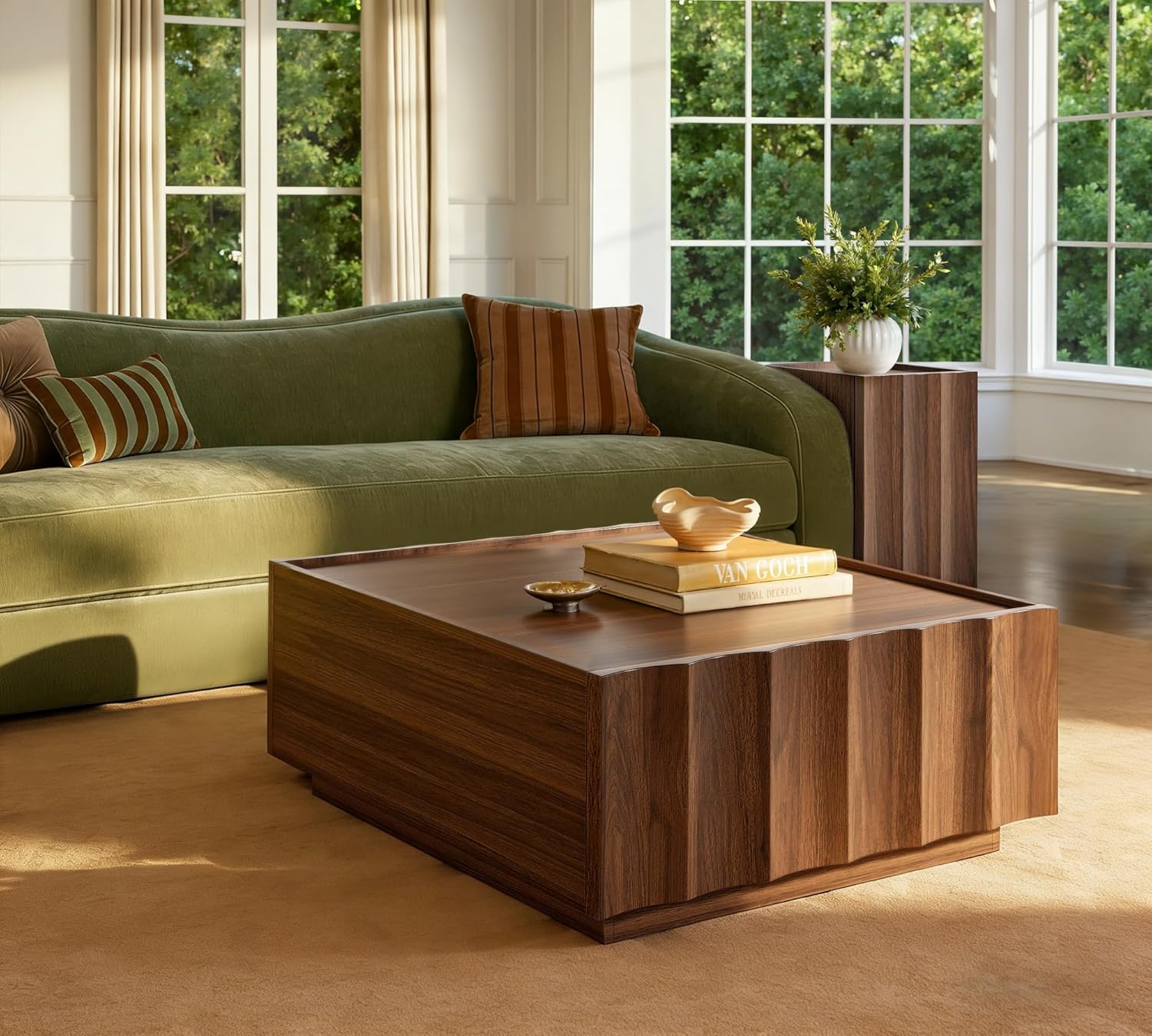 win2win Square Coffee Table with Storage, Mid Century Modern Coffee Table with Wave Design, Wood Grain Finish, Minimalist Center Table with Top-Edge Finger Pull Design for Living Room, Office, Walnut