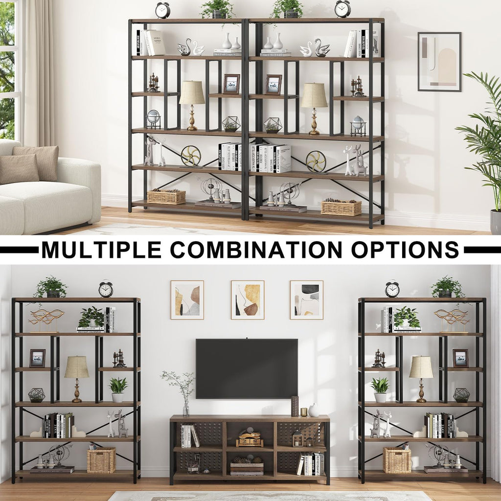 LVB Tall Industrial Etagere Bookcase, Modern Wood Large Open 6 Tier Bookshelf, Vintage Wide Metal Book Shelf Organizer, Farmhouse Book Shelves for Bedroom Living Room Home Office Storage, Rustic Oak