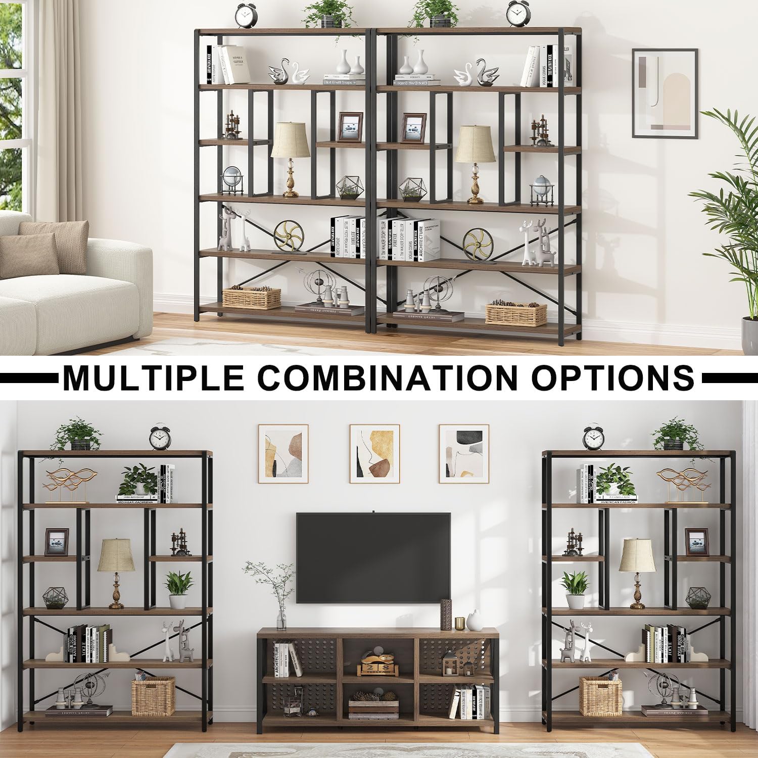 LVB Tall Industrial Etagere Bookcase, Modern Wood Large Open 6 Tier Bookshelf, Vintage Wide Metal Book Shelf Organizer, Farmhouse Book Shelves for Bedroom Living Room Home Office Storage, Rustic Oak
