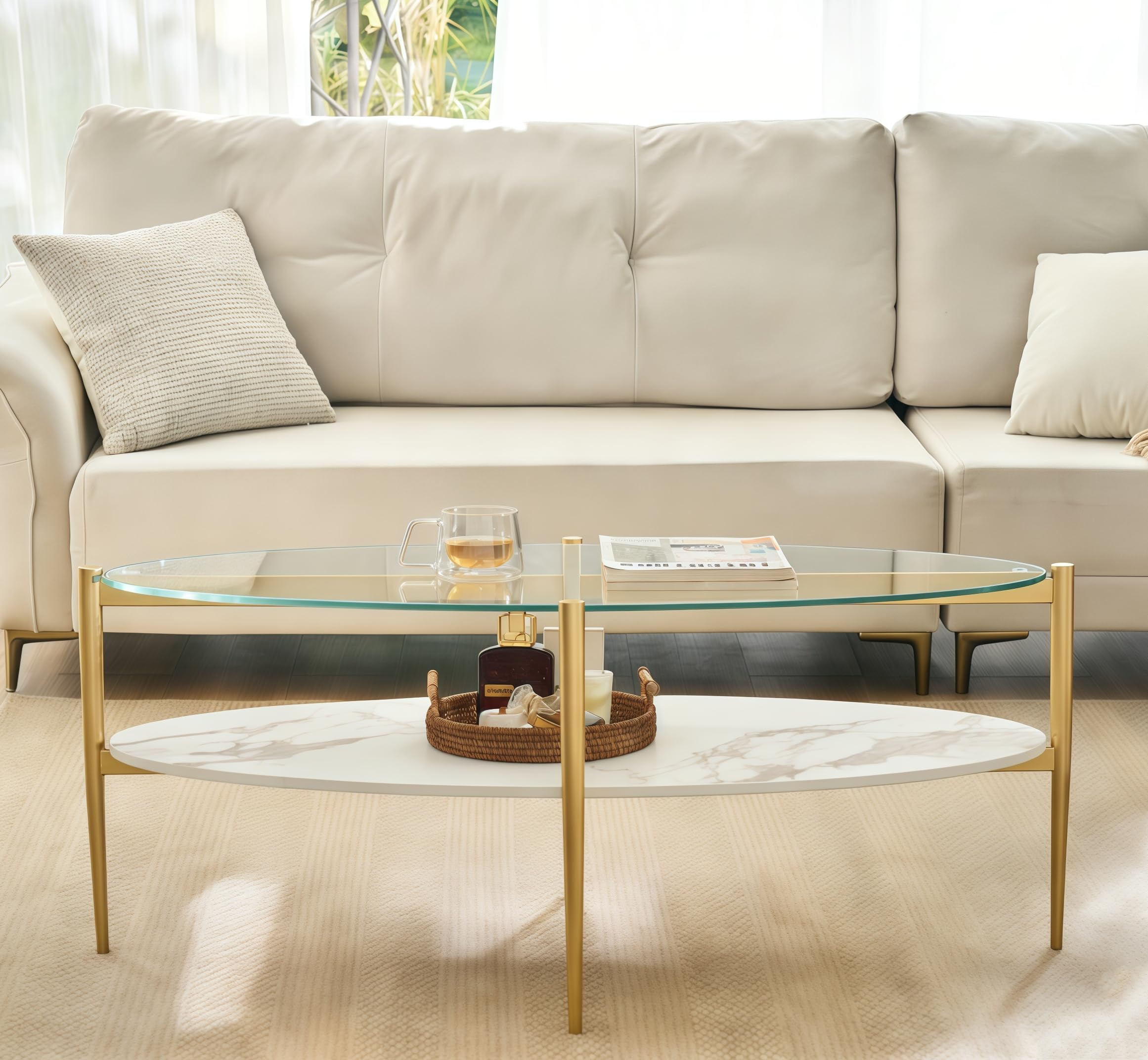 Shrine Oval Coffee Table, Mid-Century Modern Coffee Table, Brown Walnut Wood Table for Living Room, D47''x W23.6''x H15'', Sleek Conical Metal Legs with Black Finish