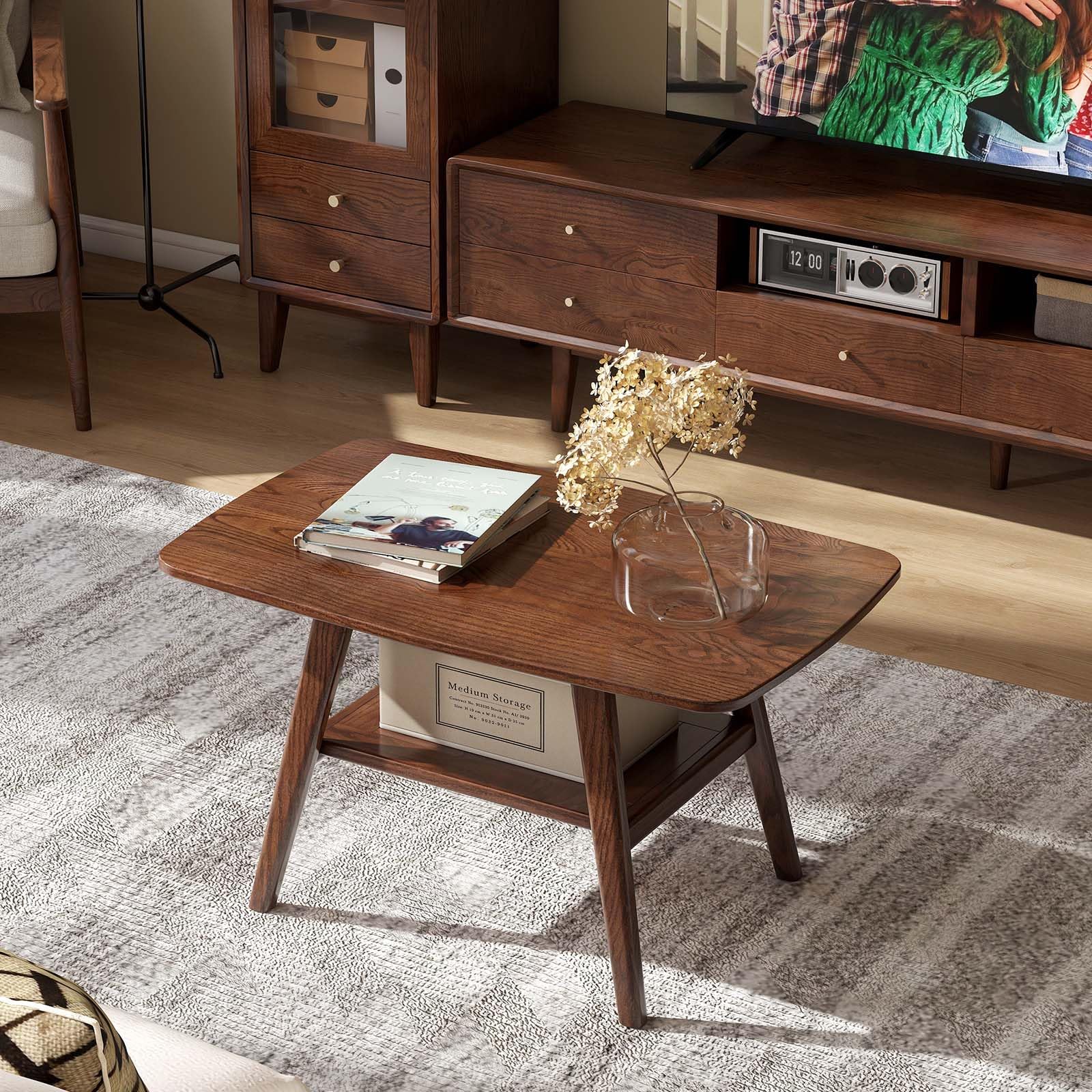 100% Solid Wood Coffee Table for Living Room, 39.37" Mid Century Modern Tables with Shelf Storage, 2-Tier Coffee Table with Rounded Corners (Oak Wood Walnut Color, 39.37" L)