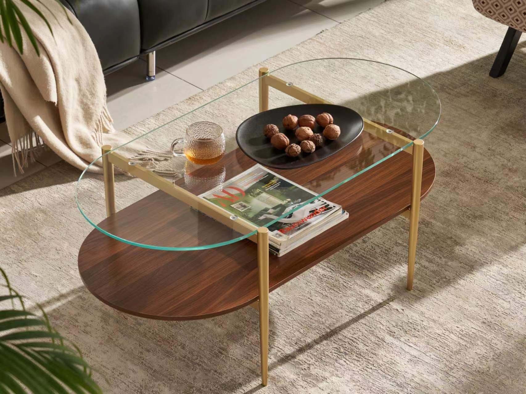 Shrine Oval Coffee Table, Mid-Century Modern Coffee Table, Brown Walnut Wood Table for Living Room, D47''x W23.6''x H15'', Sleek Conical Metal Legs with Black Finish