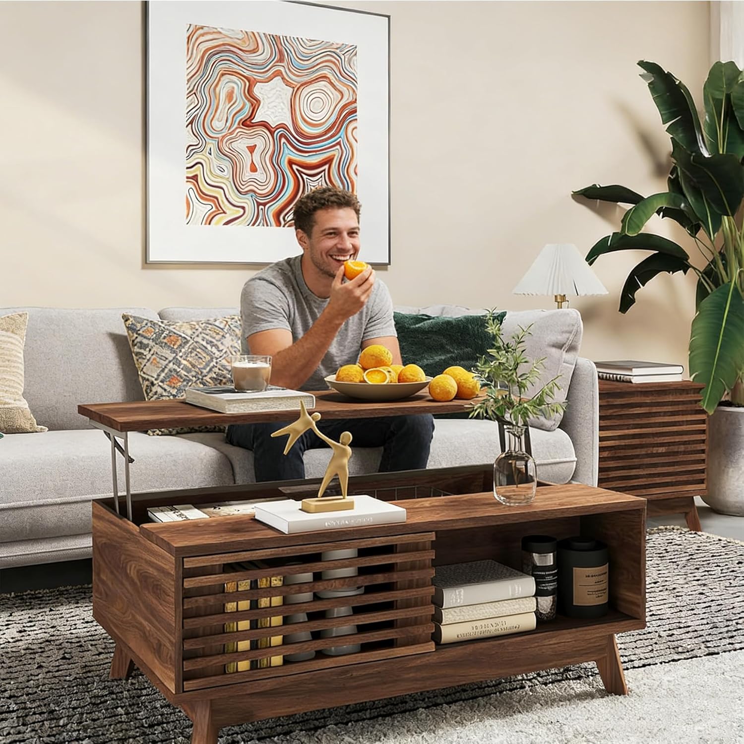 HAIOOU Lift Top Coffee Table, Mid Century Modern Coffee Table with Storage for Living Room, 35.4'' Walnut Coffee Tables with Sliding Fence Door (Brown)