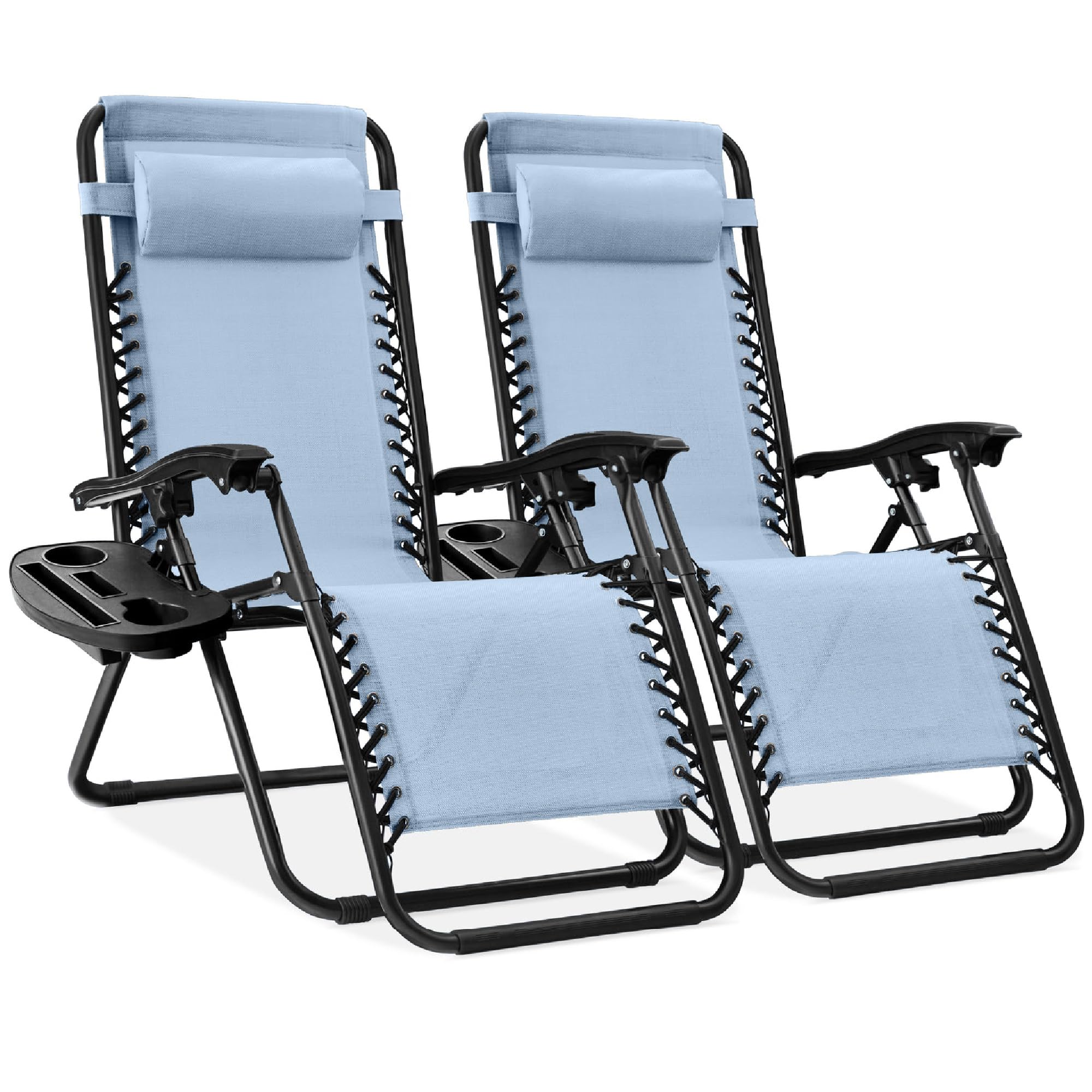 Best Choice Products Set of 2 Adjustable Steel Mesh Zero Gravity Lounge Chair Recliners w/Pillows and Cup Holder Trays - Black