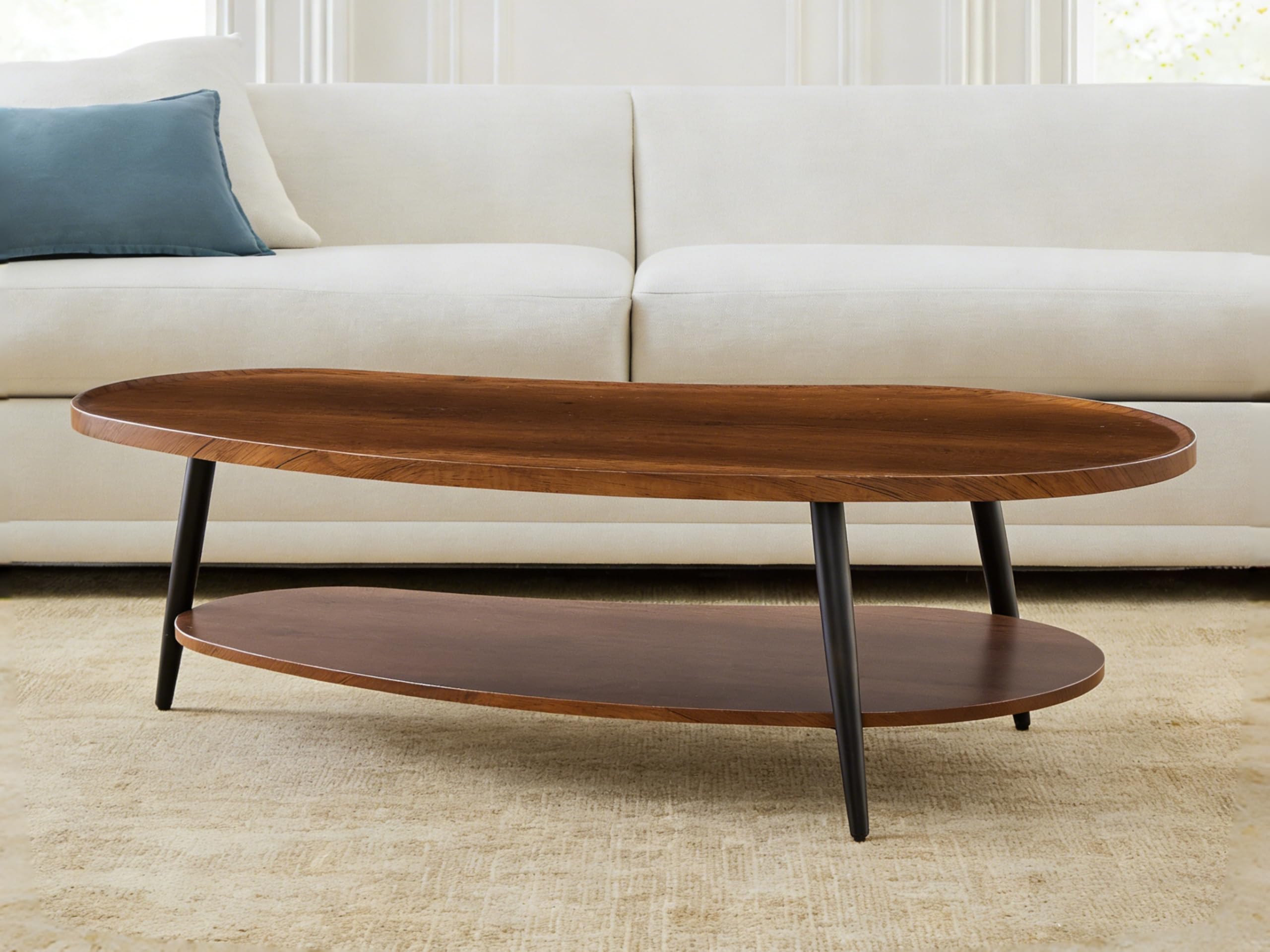 Shrine Oval Coffee Table, Mid-Century Modern Coffee Table, Brown Walnut Wood Table for Living Room, D47''x W23.6''x H15'', Sleek Conical Metal Legs with Black Finish