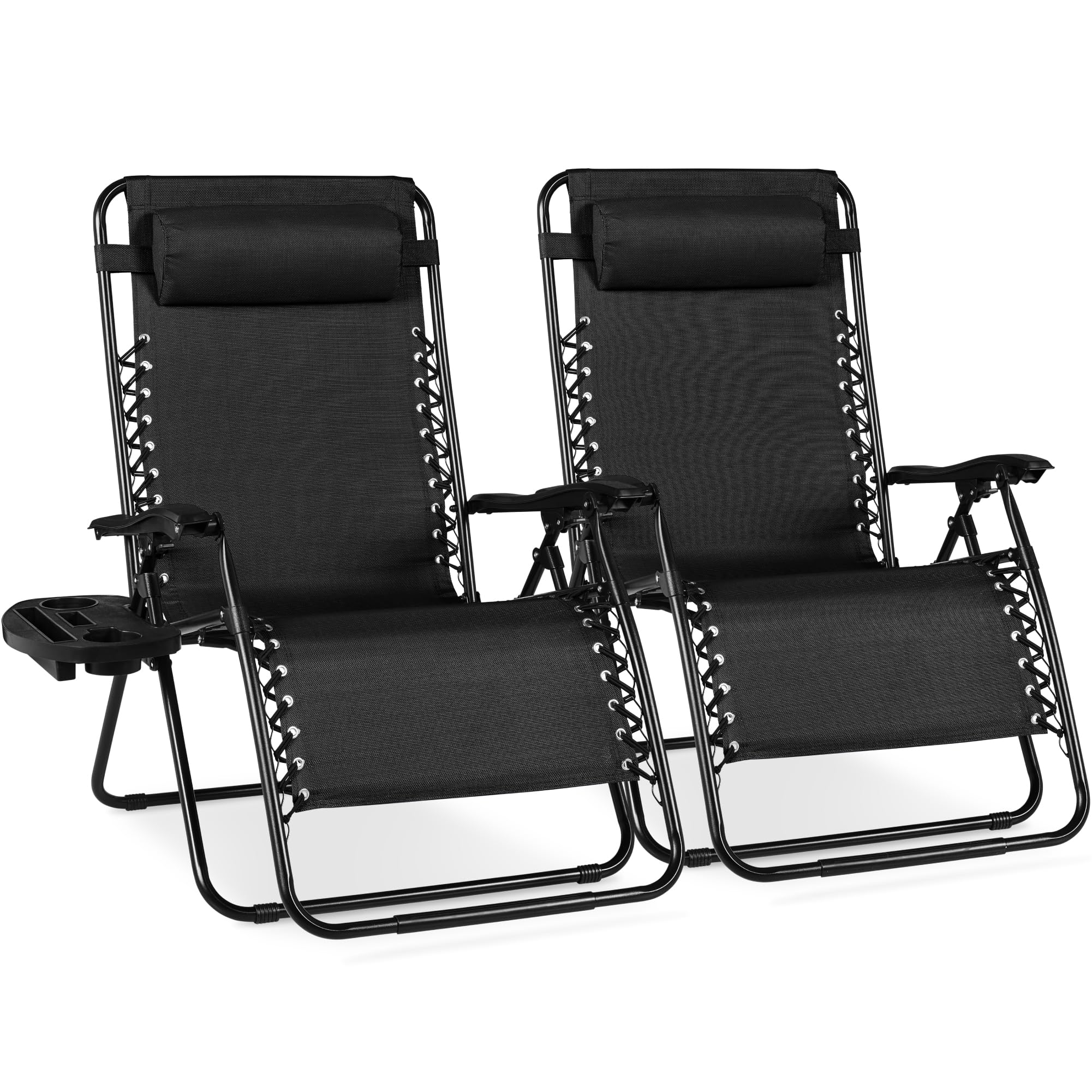 Best Choice Products Set of 2 Adjustable Steel Mesh Zero Gravity Lounge Chair Recliners w/Pillows and Cup Holder Trays - Black