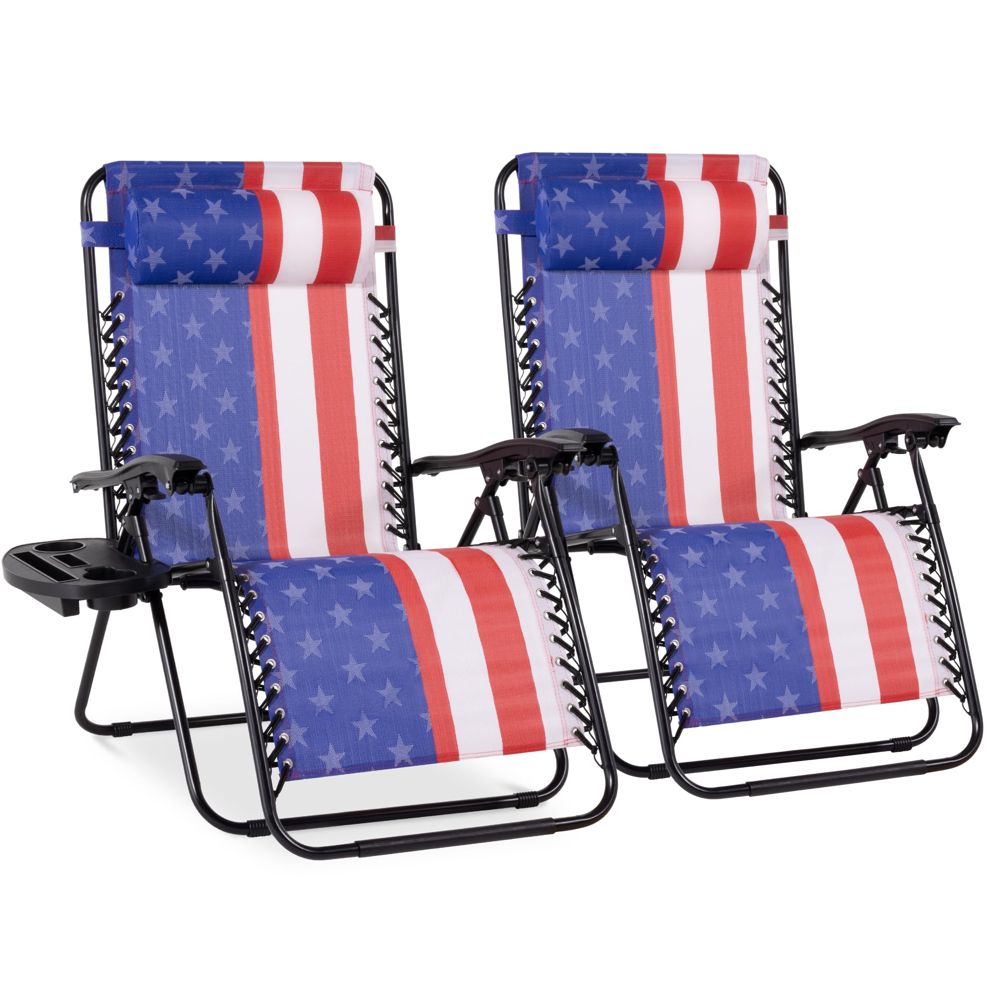 Best Choice Products Set of 2 Adjustable Steel Mesh Zero Gravity Lounge Chair Recliners w/Pillows and Cup Holder Trays - Black