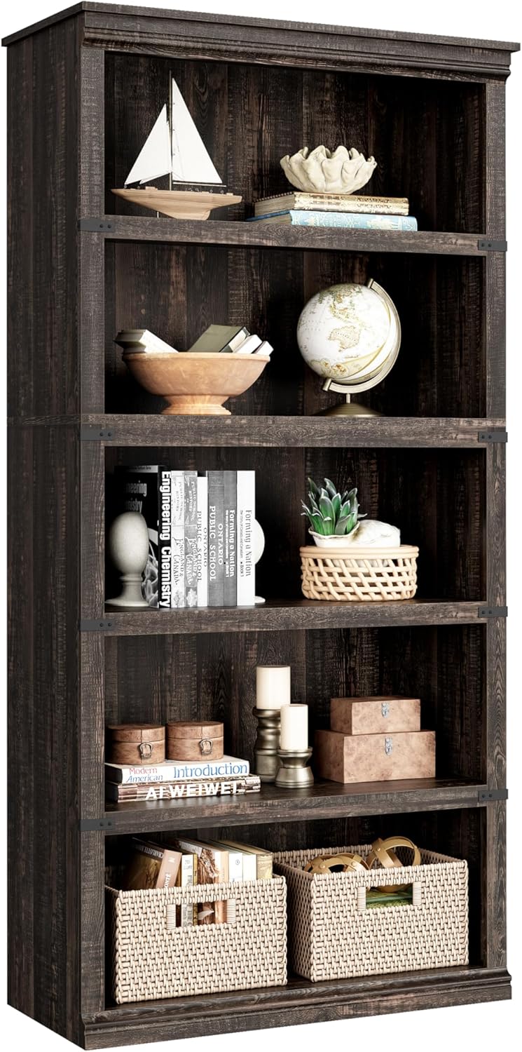 IDEALHOUSE 5 Tier Bookcase, Farmhouse Book Shelf with Storage, 71" Tall Book Case Wooden 5 Shelf Bookcase for Home Office, Living Room, Bed Room (Oak, 67.4" H x 31.5" W x 12.8" D)