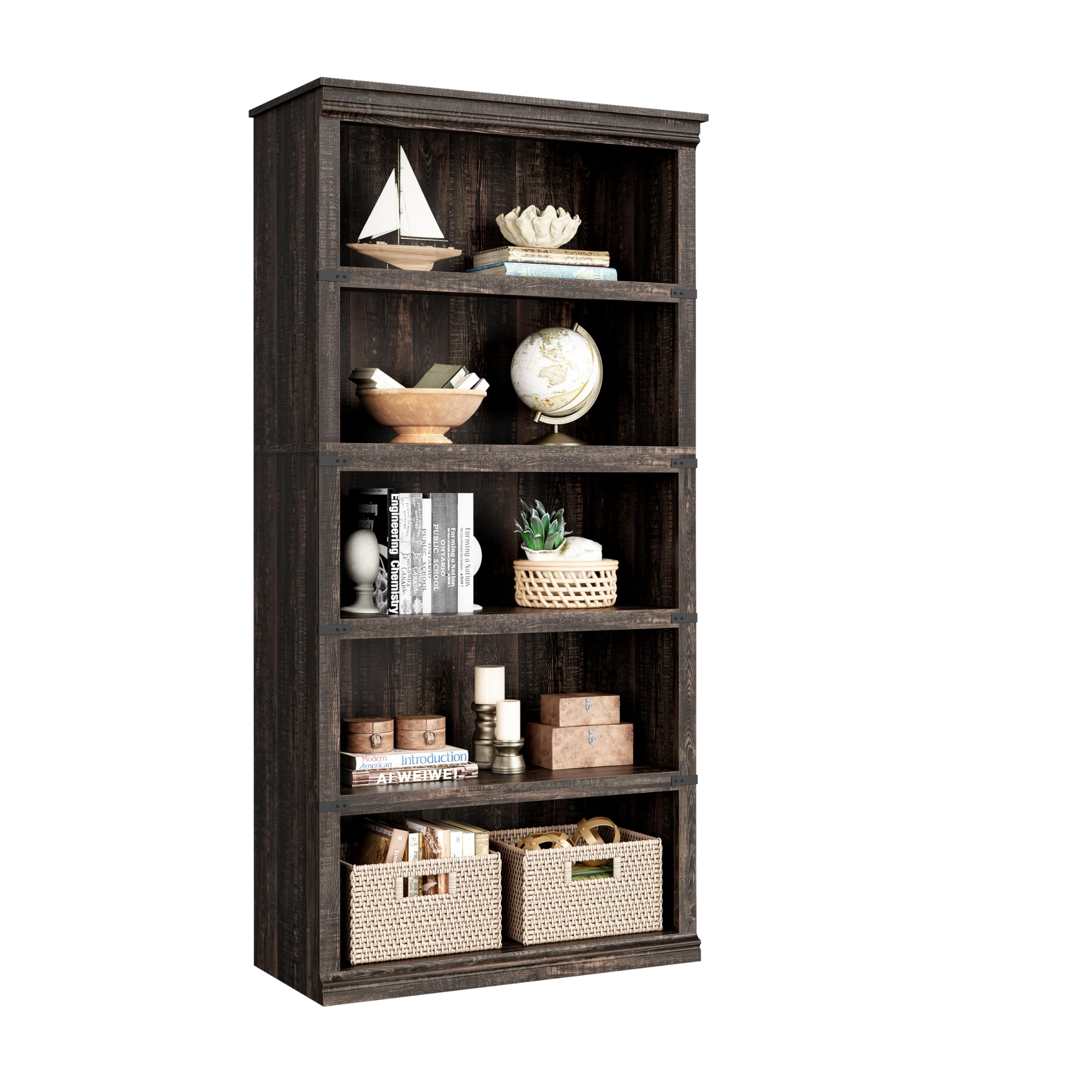 IDEALHOUSE 5 Tier Bookcase, Farmhouse Book Shelf with Storage, 71" Tall Book Case Wooden 5 Shelf Bookcase for Home Office, Living Room, Bed Room (Oak, 67.4" H x 31.5" W x 12.8" D)