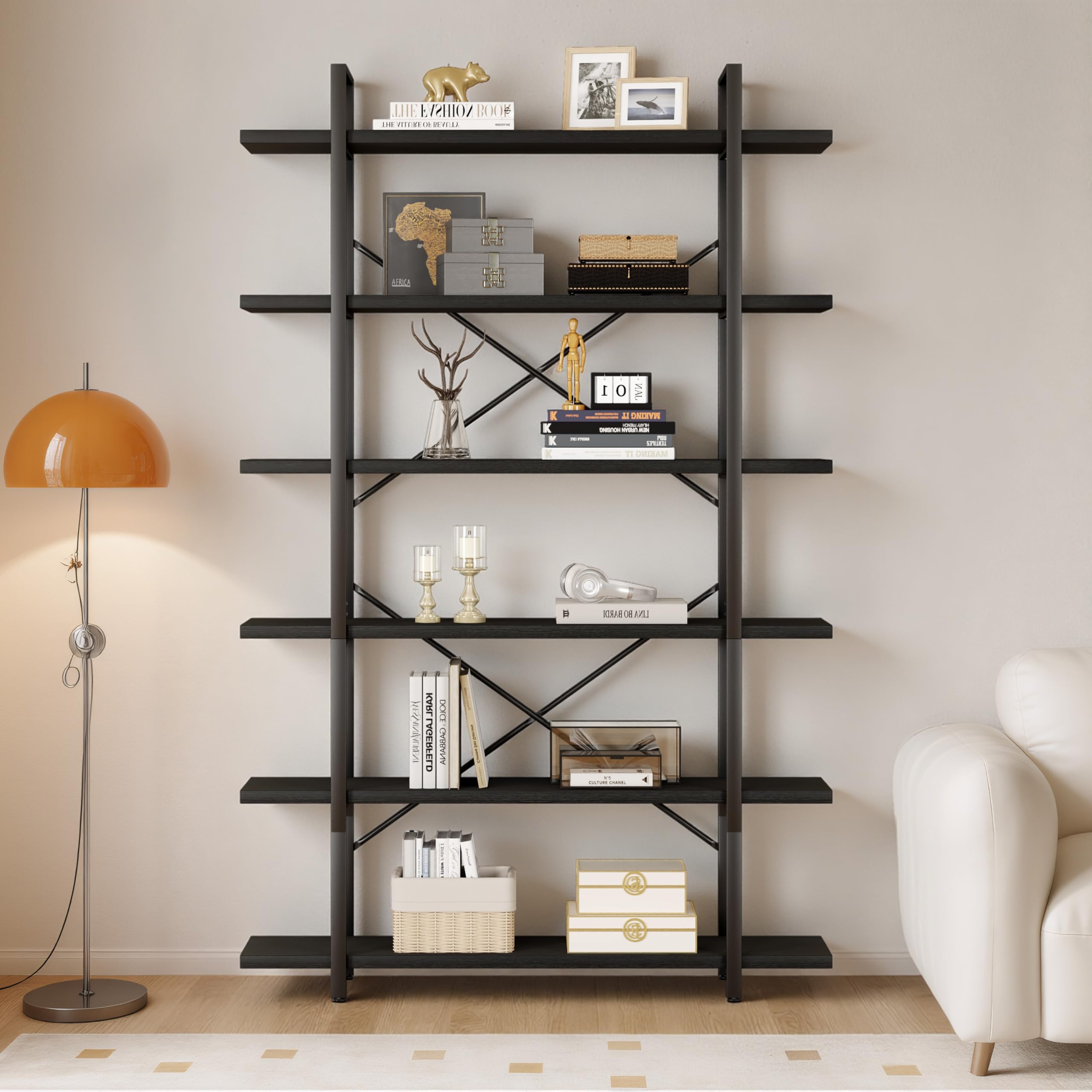 HSH 5-Shelf Vintage Industrial Rustic Bookshelf, 5 Tier Wood and Metal Bookcase, Open Etagere Book Shelf, Farmhouse Wooden Bookshelves, Light Grey Oak