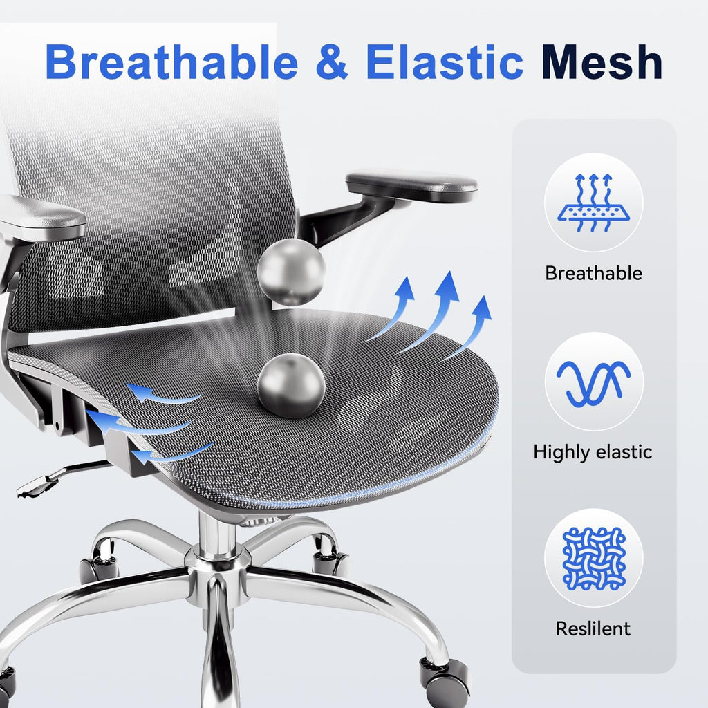 marrap Ergonomic Office Chair, Mesh Seat Cushion with 3D Armrests and 3D Headrest, Adjustable Lumbar Support with 90-120° Rocking Function for Home Office, Dark Grey