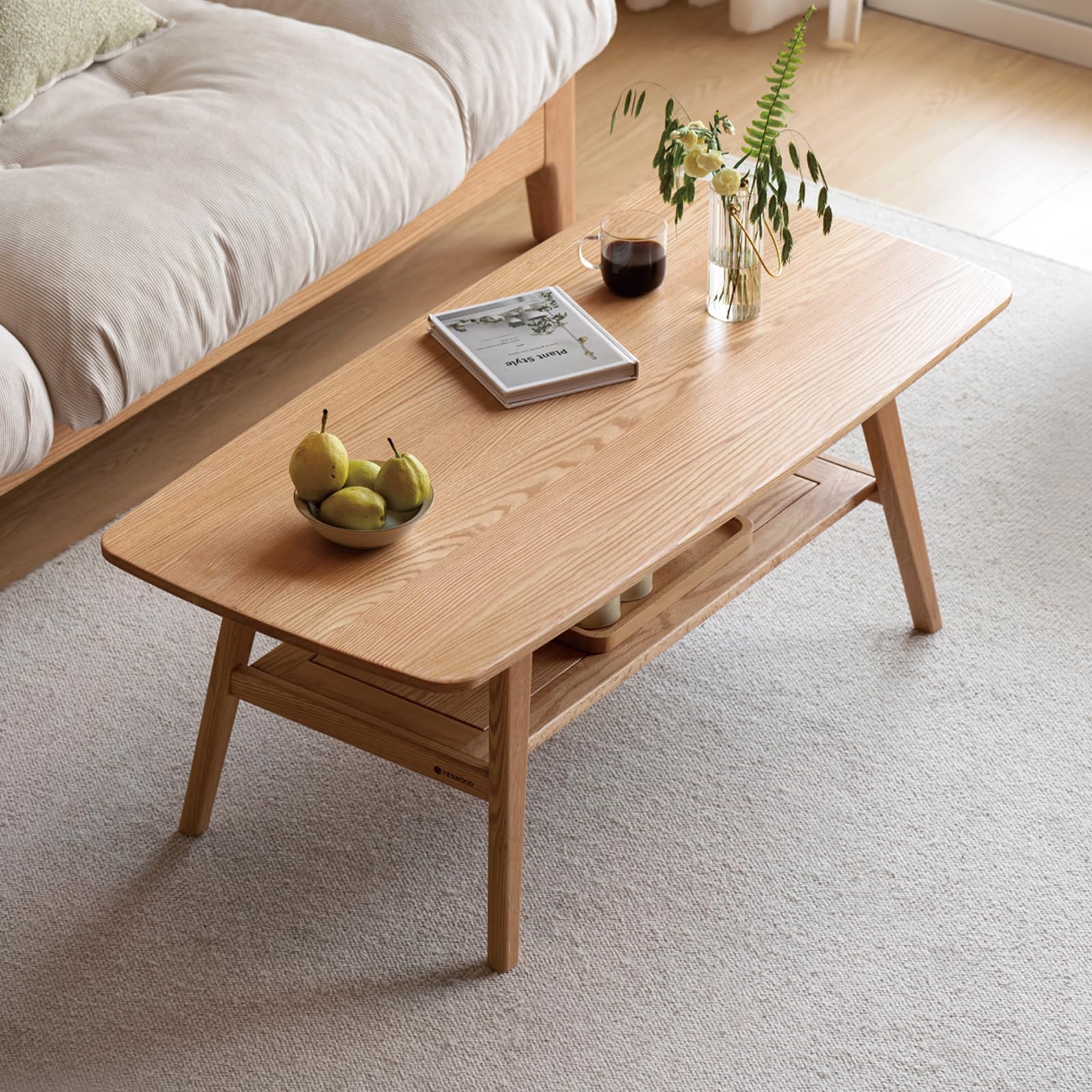 100% Solid Wood Coffee Table for Living Room, 39.37" Mid Century Modern Tables with Shelf Storage, 2-Tier Coffee Table with Rounded Corners (Oak Wood Walnut Color, 39.37" L)