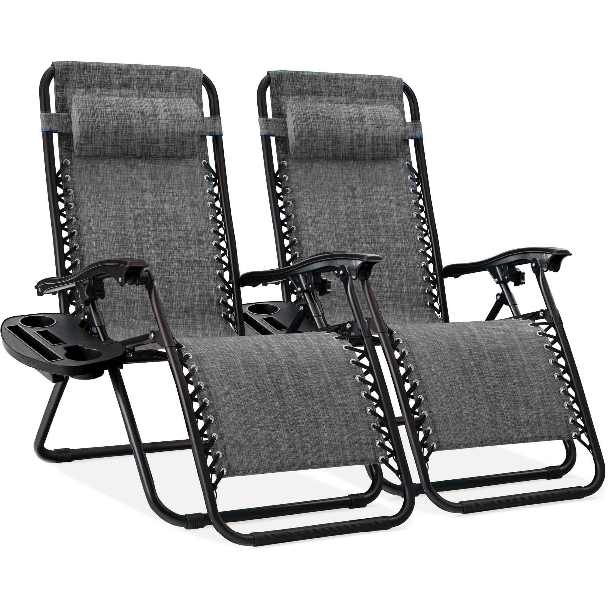 Best Choice Products Set of 2 Adjustable Steel Mesh Zero Gravity Lounge Chair Recliners w/Pillows and Cup Holder Trays - Black