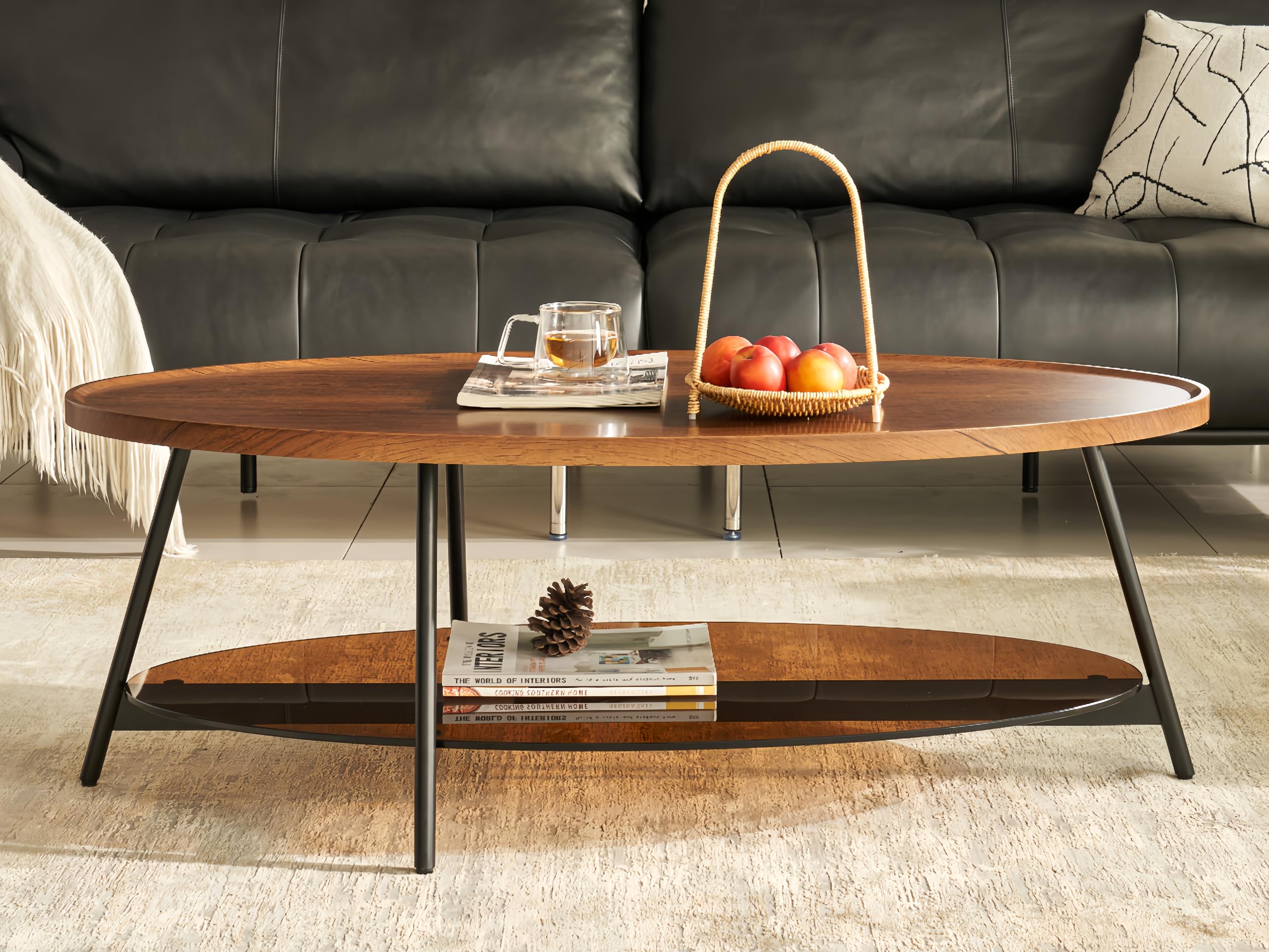Shrine Oval Coffee Table, Mid-Century Modern Coffee Table, Brown Walnut Wood Table for Living Room, D47''x W23.6''x H15'', Sleek Conical Metal Legs with Black Finish