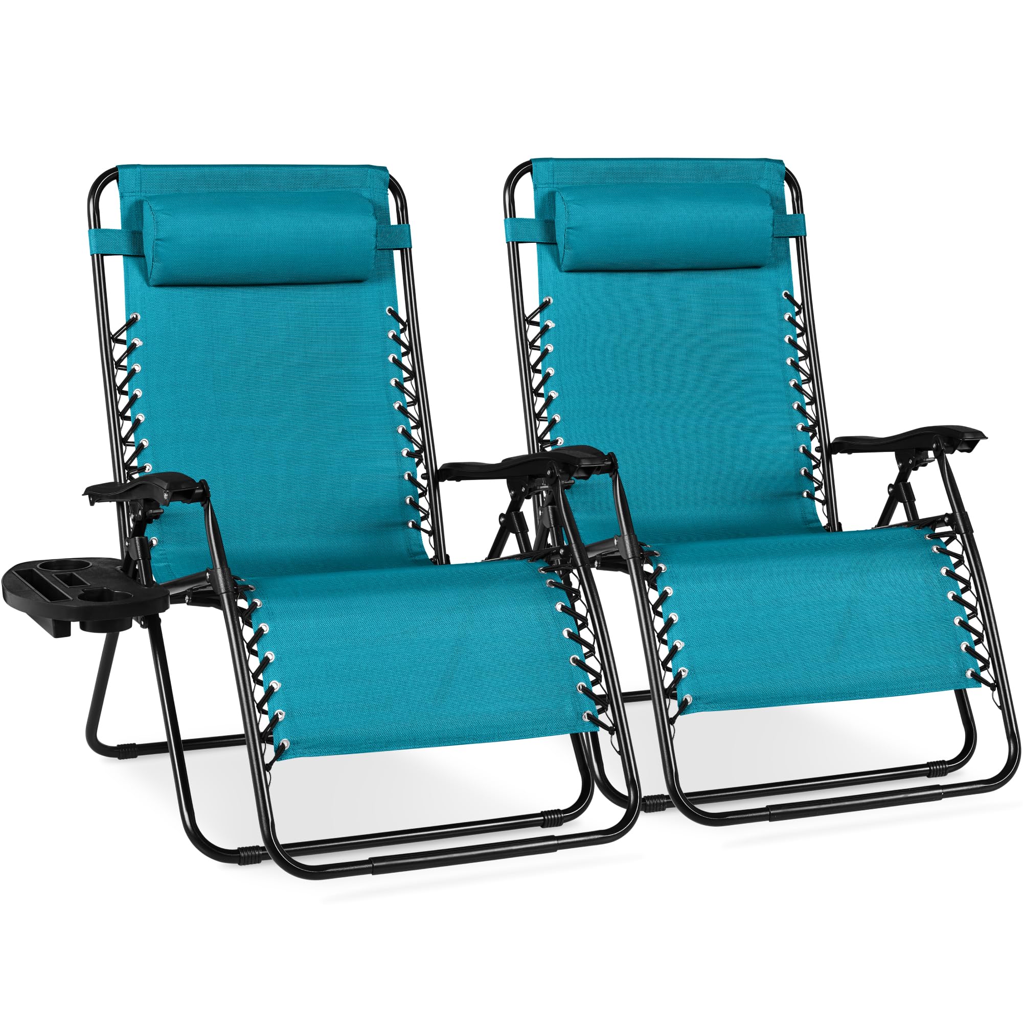 Best Choice Products Set of 2 Adjustable Steel Mesh Zero Gravity Lounge Chair Recliners w/Pillows and Cup Holder Trays - Black