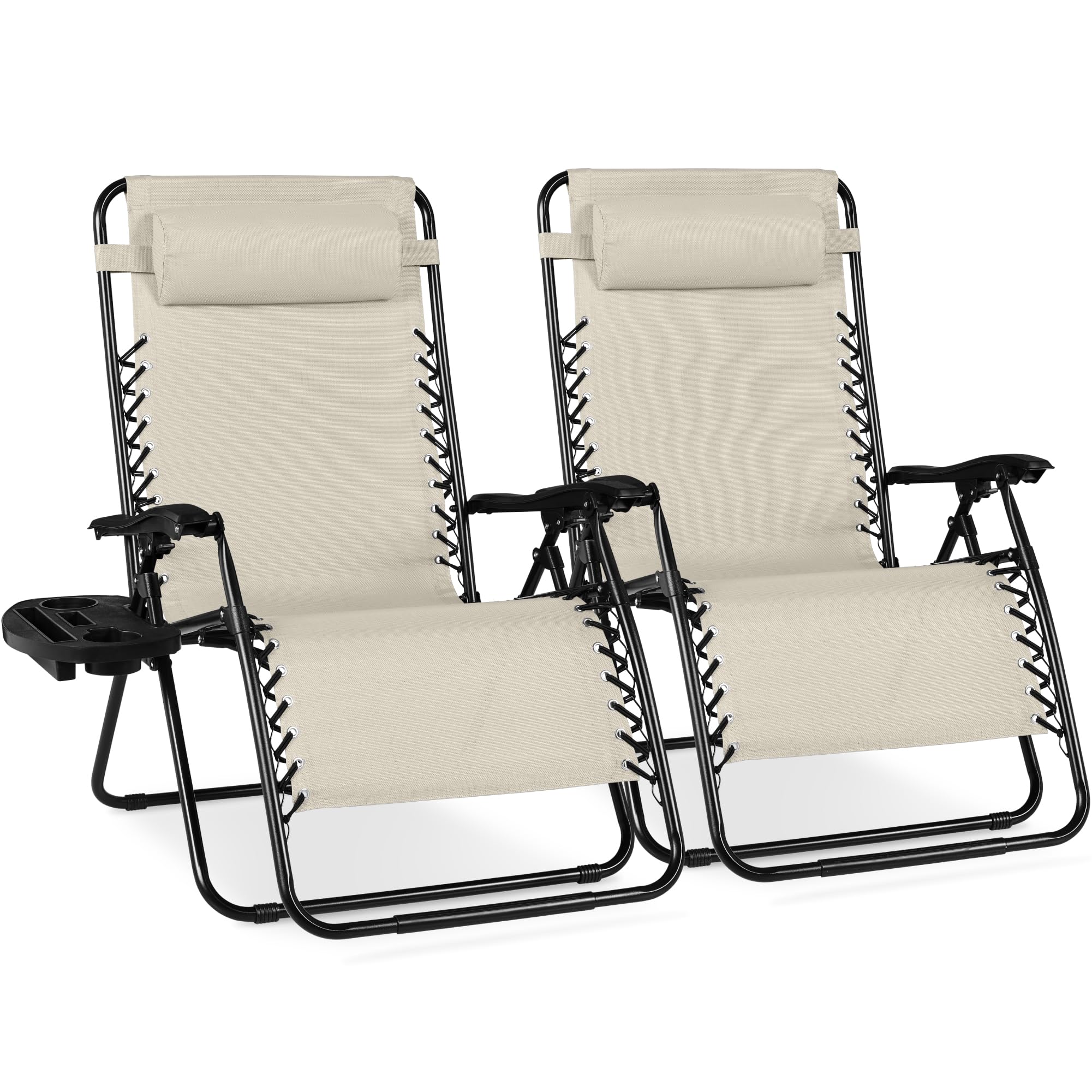 Best Choice Products Set of 2 Adjustable Steel Mesh Zero Gravity Lounge Chair Recliners w/Pillows and Cup Holder Trays - Black