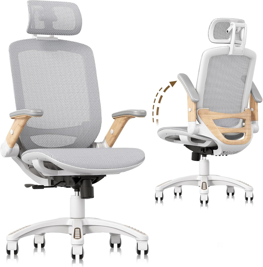 GABRYLLY Ergonomic Office Chair, High Back Home Desk Chair with Flip-Up Arms, Headrest, 90-120° Tilt and Wide Cushion, 300LBS White Mesh Chair for Work Gaming Study (GY01-NT, Woodgrain Pattern)