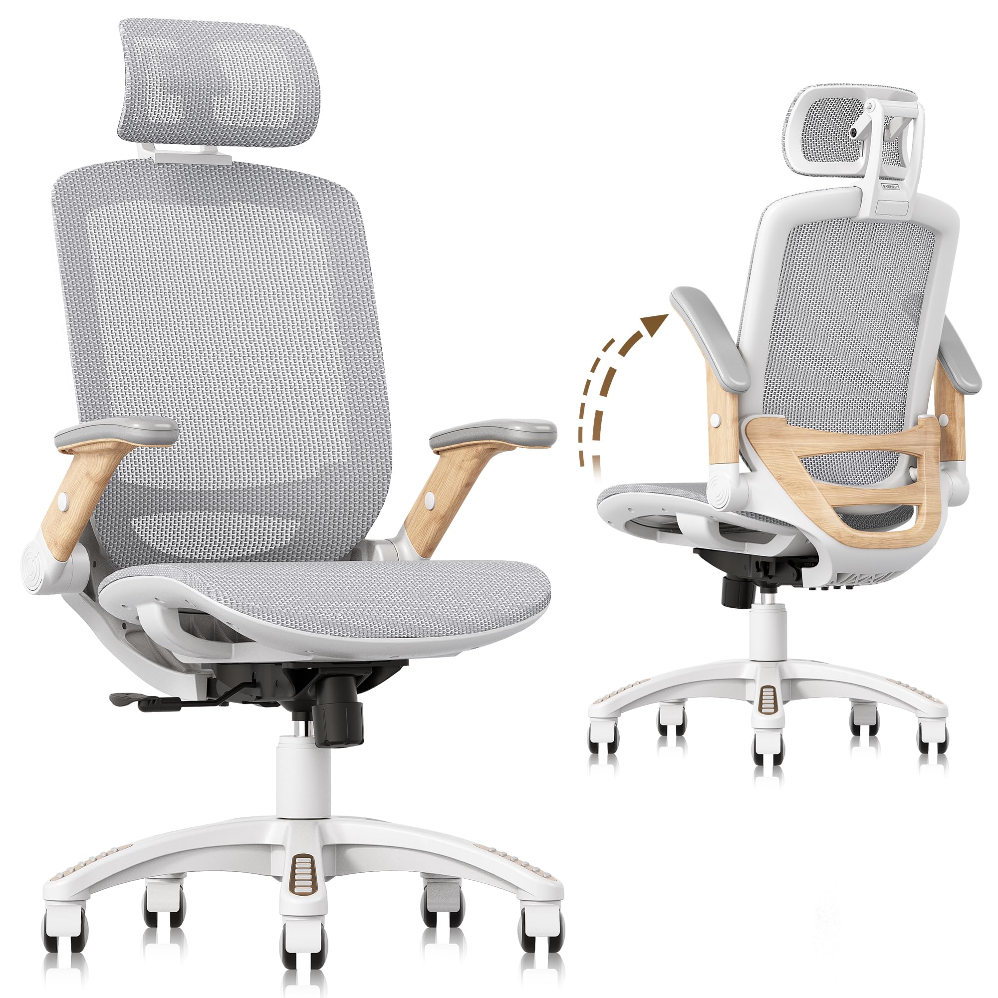 GABRYLLY Ergonomic Office Chair, High Back Home Desk Chair with Flip-Up Arms, Headrest, 90-120° Tilt and Wide Cushion, 300LBS White Mesh Chair for Work Gaming Study (GY01-NT, Woodgrain Pattern)