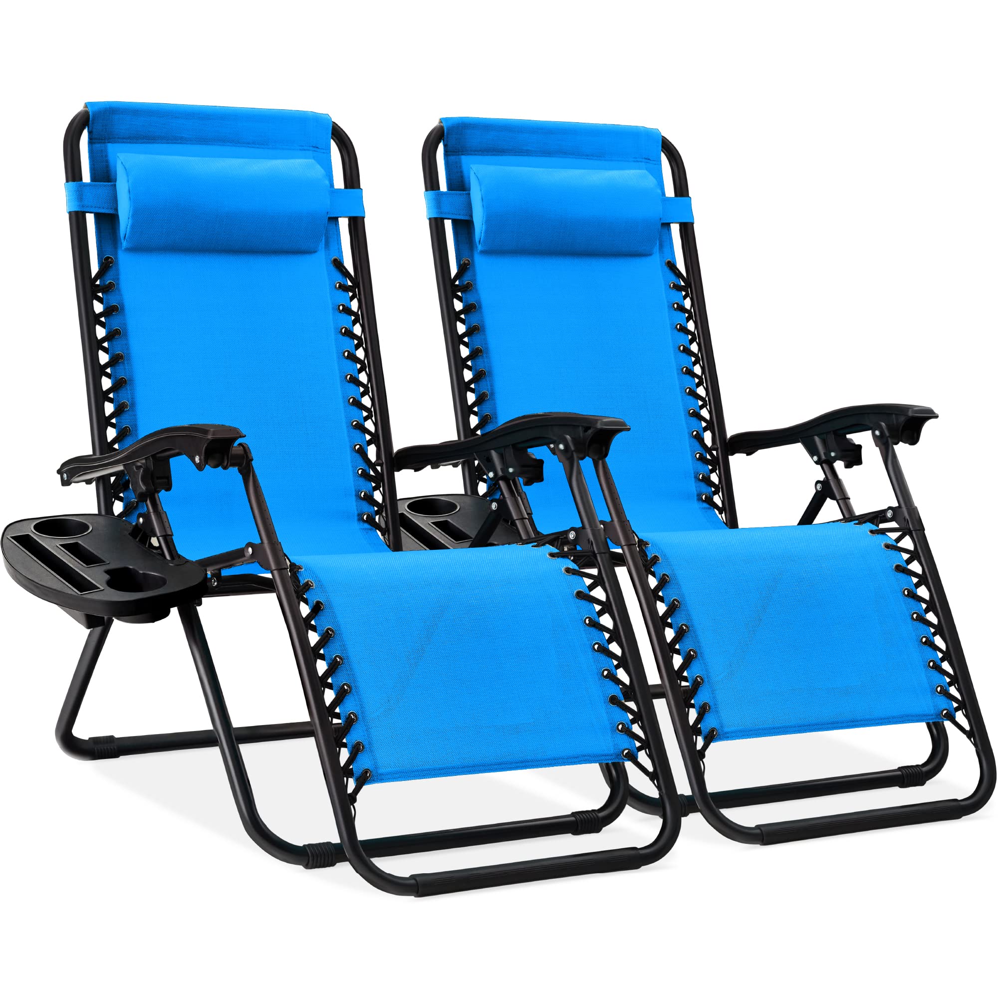Best Choice Products Set of 2 Adjustable Steel Mesh Zero Gravity Lounge Chair Recliners w/Pillows and Cup Holder Trays - Black