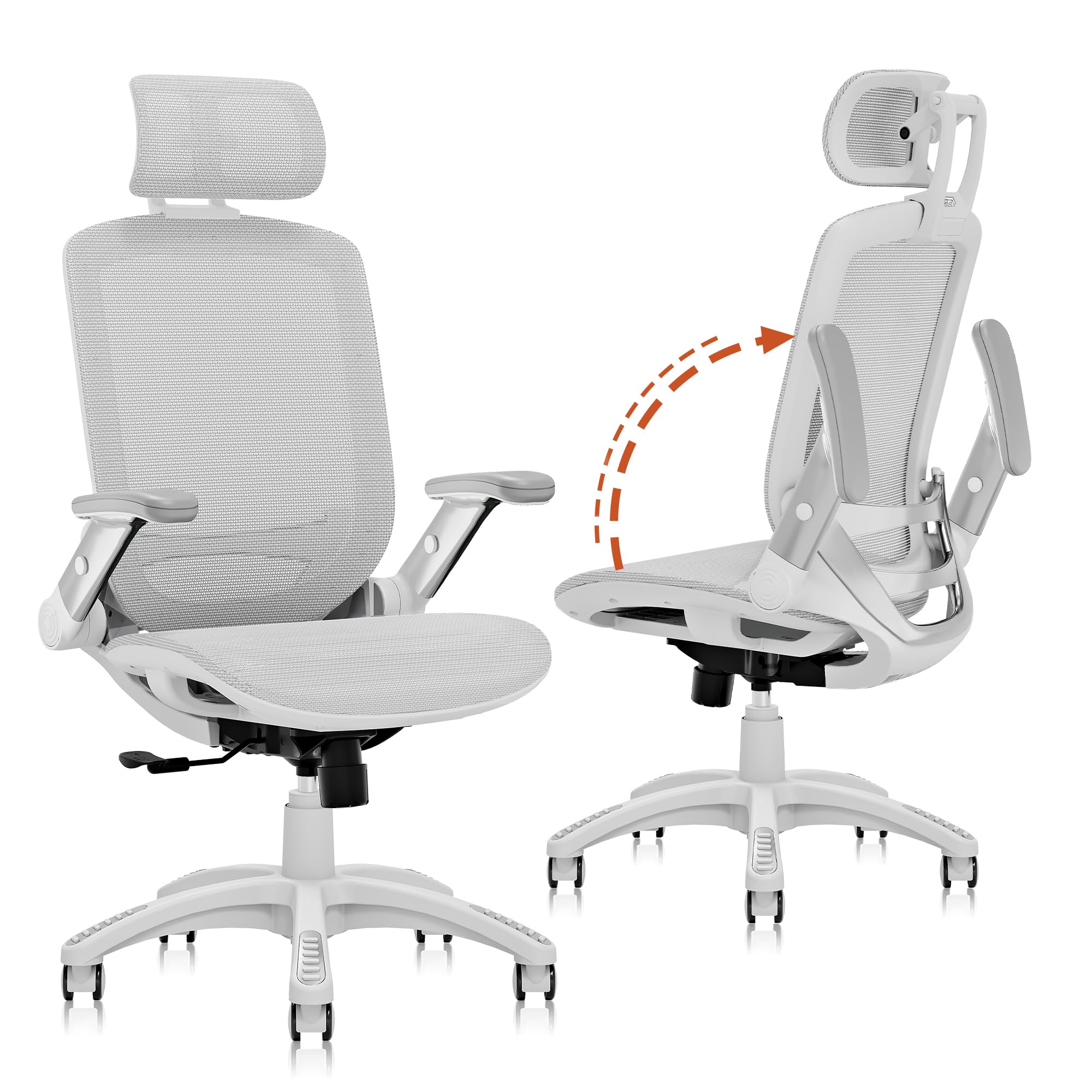 GABRYLLY Ergonomic Office Chair, High Back Home Desk Chair with Flip-Up Arms, Headrest, 90-120° Tilt and Wide Cushion, 300LBS White Mesh Chair for Work Gaming Study (GY01-NT, Woodgrain Pattern)