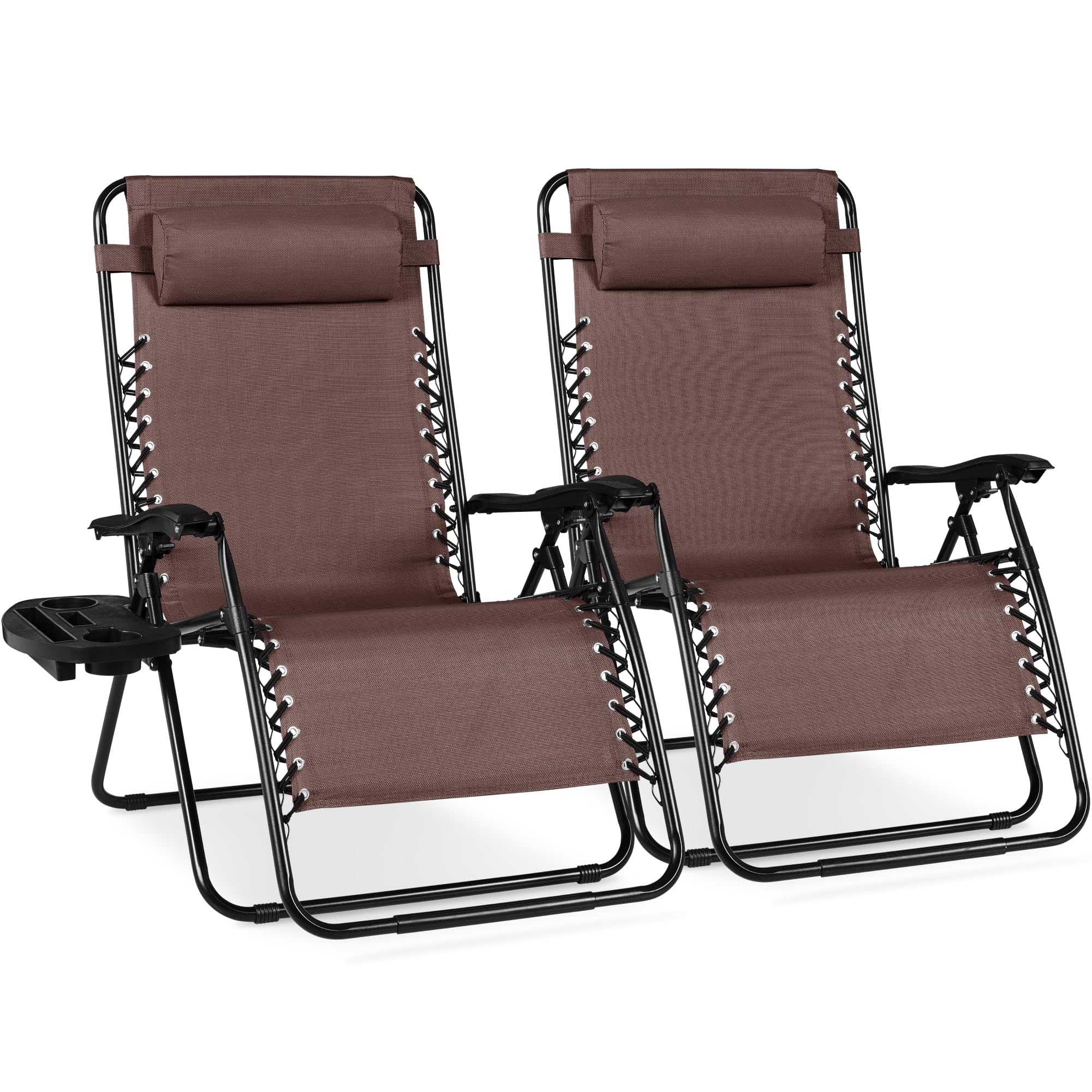 Best Choice Products Set of 2 Adjustable Steel Mesh Zero Gravity Lounge Chair Recliners w/Pillows and Cup Holder Trays - Black