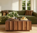 win2win Square Coffee Table with Storage, Mid Century Modern Coffee Table with Wave Design, Wood Grain Finish, Minimalist Center Table with Top-Edge Finger Pull Design for Living Room, Office, Walnut
