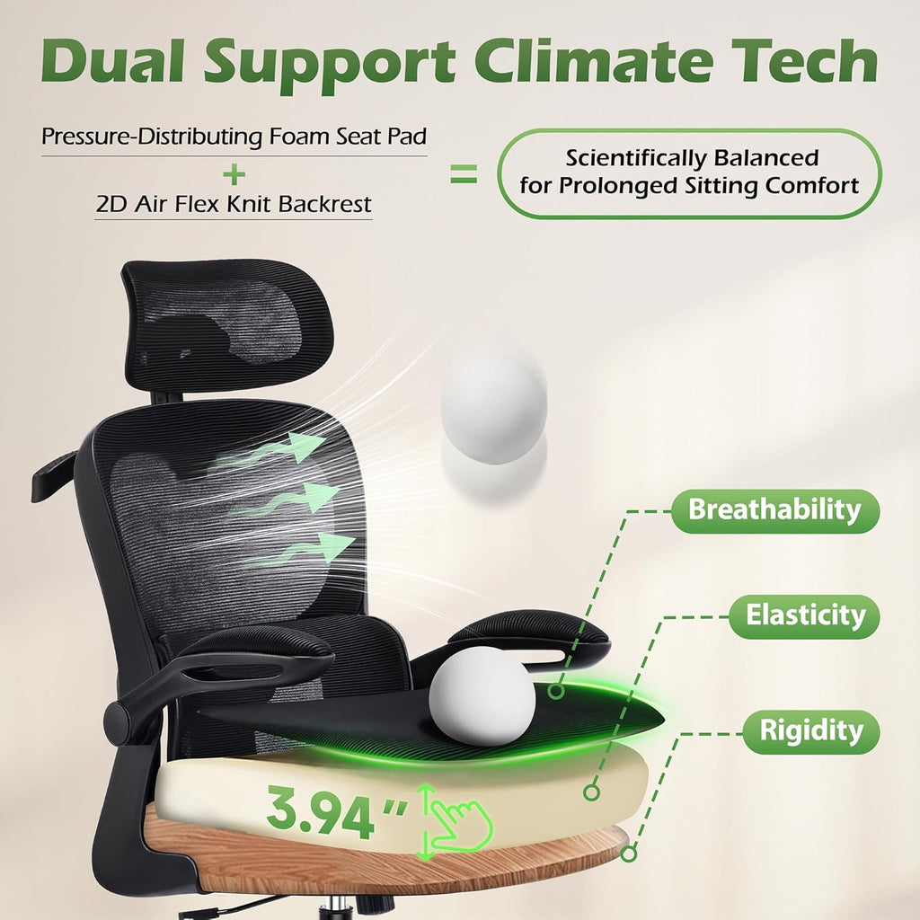AreShark Office Chair Ergonomic Desk Chairs with Adjustable Lumbar Support& Headrest Hanger, High Back Breathable Mesh Chair with Wheels, Rolling Swivel Comfy Task Computer Chair for Home Work Gaming