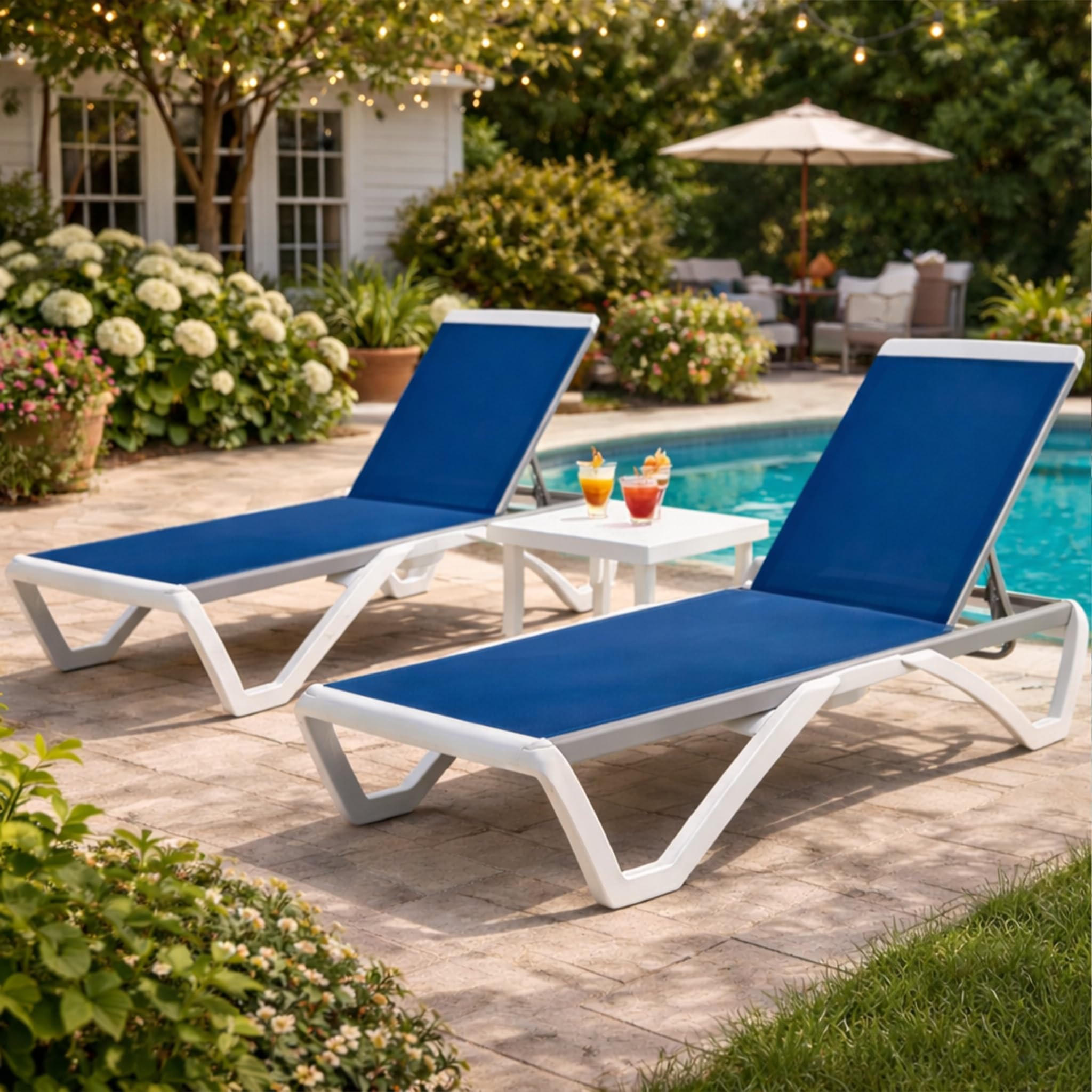 Kozyard Outdoor Chaise Lounge Chair, Full Flat Adjustable Patio Lounger with Aluminum Frame & Resin Legs, Textilene Fabric for Poolside, Backyard & Beach (Gray Without Table)
