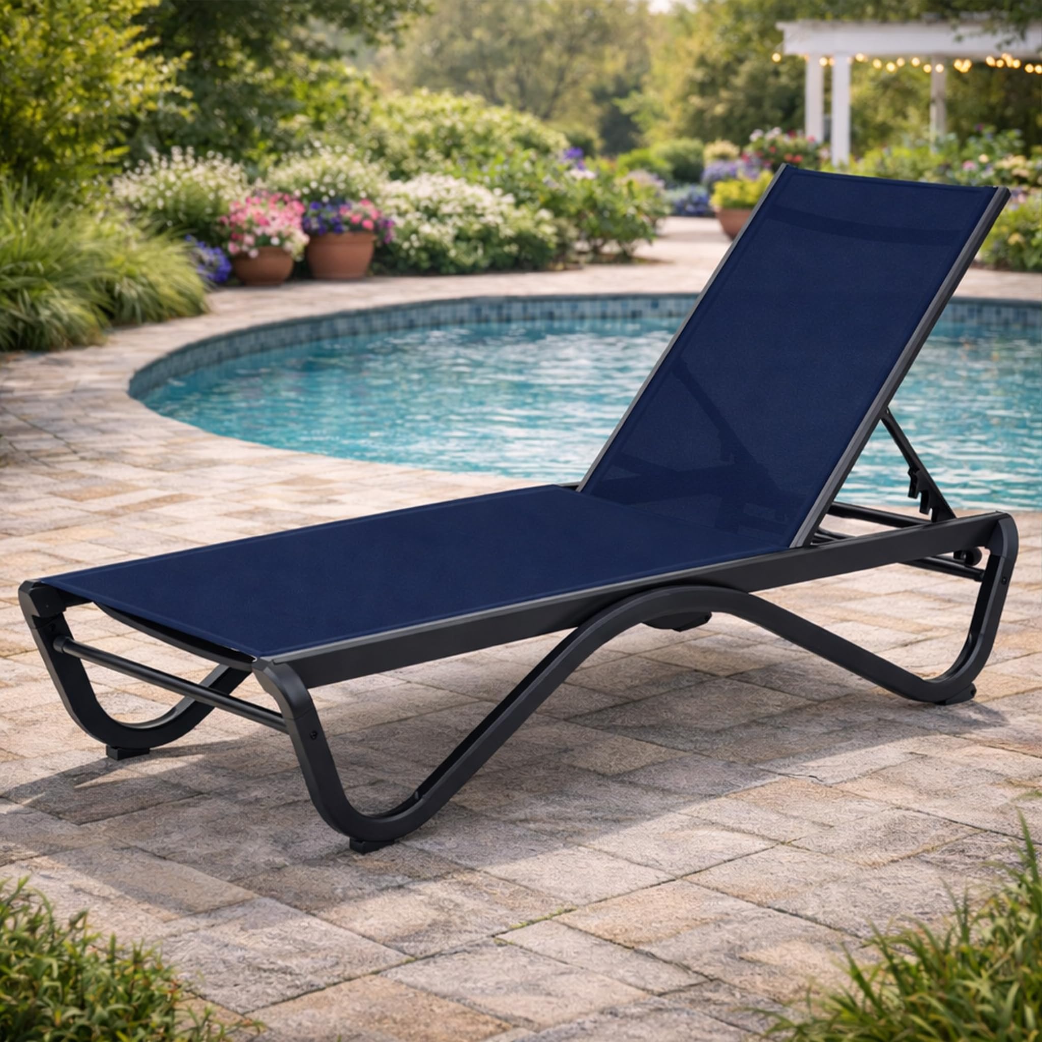 Kozyard Outdoor Chaise Lounge Chair, Full Flat Adjustable Patio Lounger with Aluminum Frame & Resin Legs, Textilene Fabric for Poolside, Backyard & Beach (Gray Without Table)