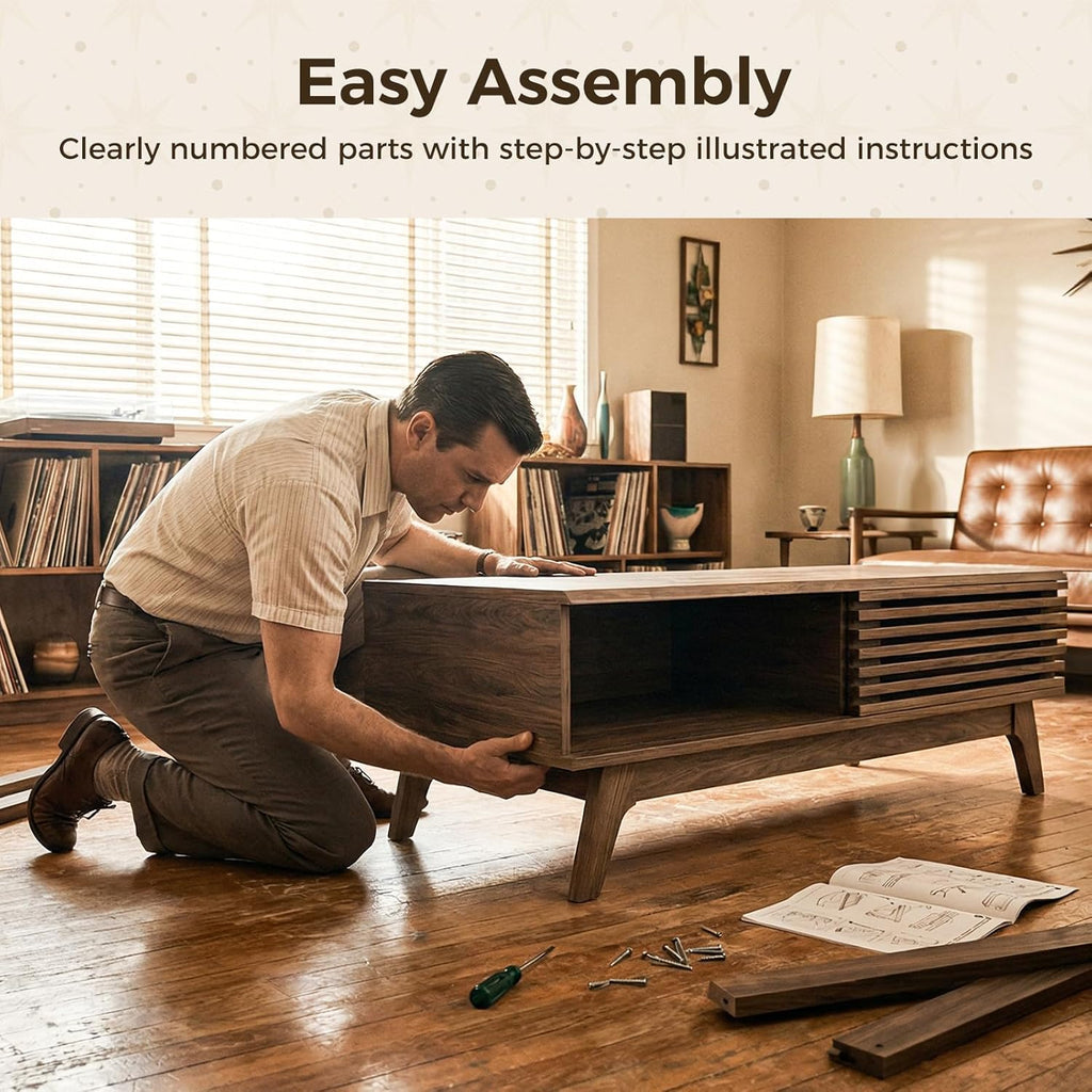 AODK Coffee Table with Storage, Mid Century Modern Wood Table with Dual Sliding Doors, Large Slatted Cocktail Table for Living Room, 47.2‘’ x 23.6'', Walnut