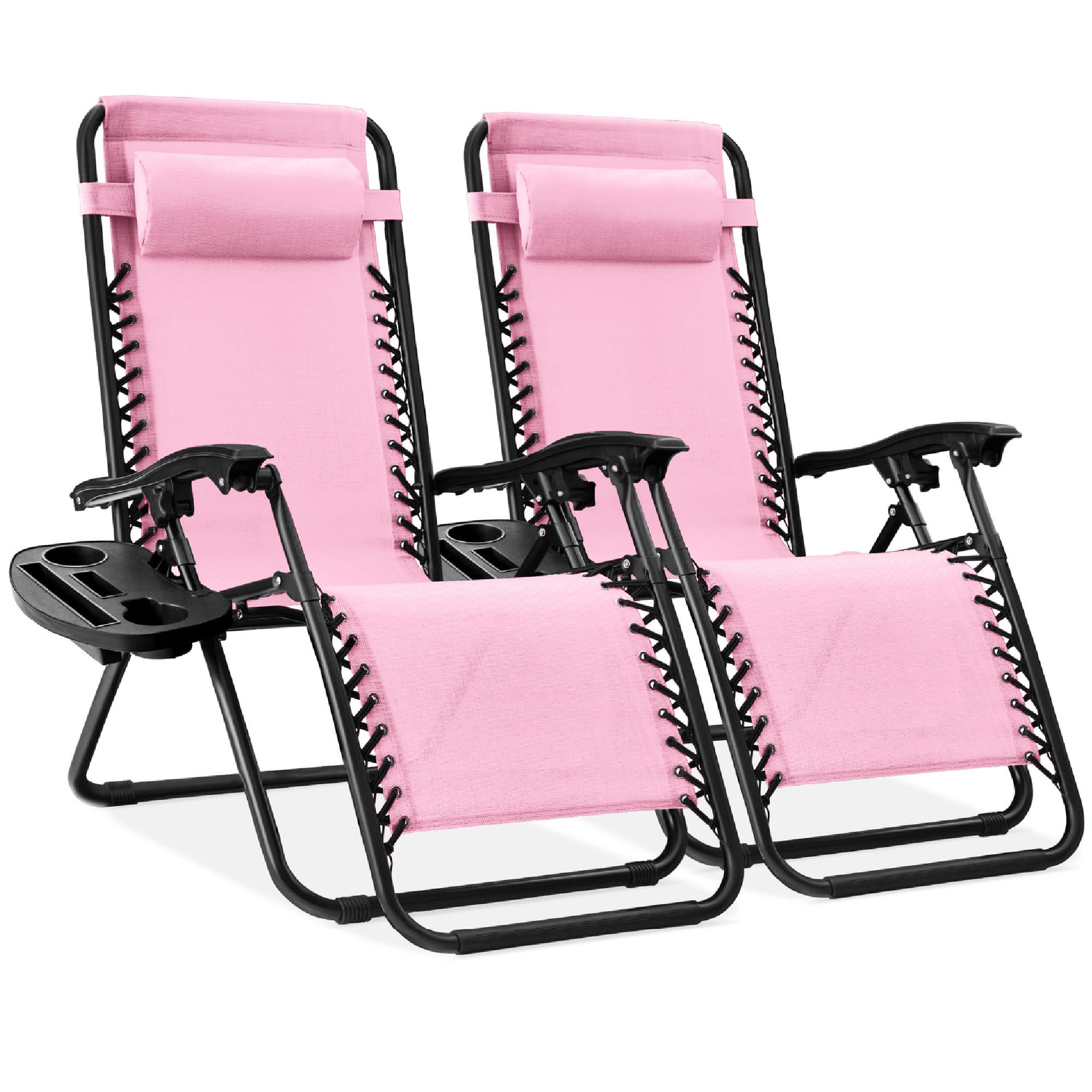 Best Choice Products Set of 2 Adjustable Steel Mesh Zero Gravity Lounge Chair Recliners w/Pillows and Cup Holder Trays - Black