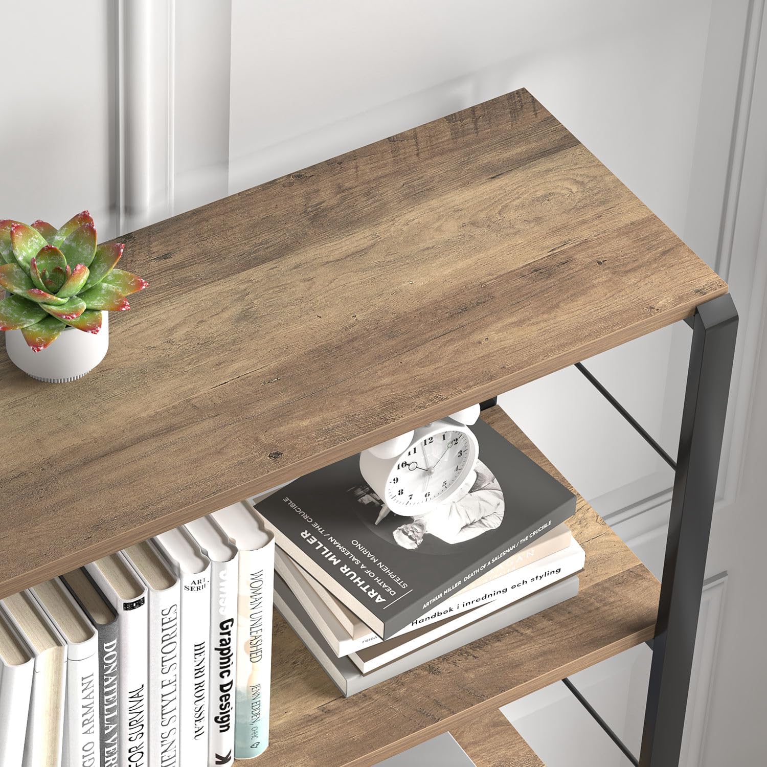 FOLUBAN 5 Tier Tall Bookshelf, Industrial Bookshelves and Bookcases, Modern Rustic Wood and Metal Book Shelf for Bedroom, Living Room and Home Office, Oak