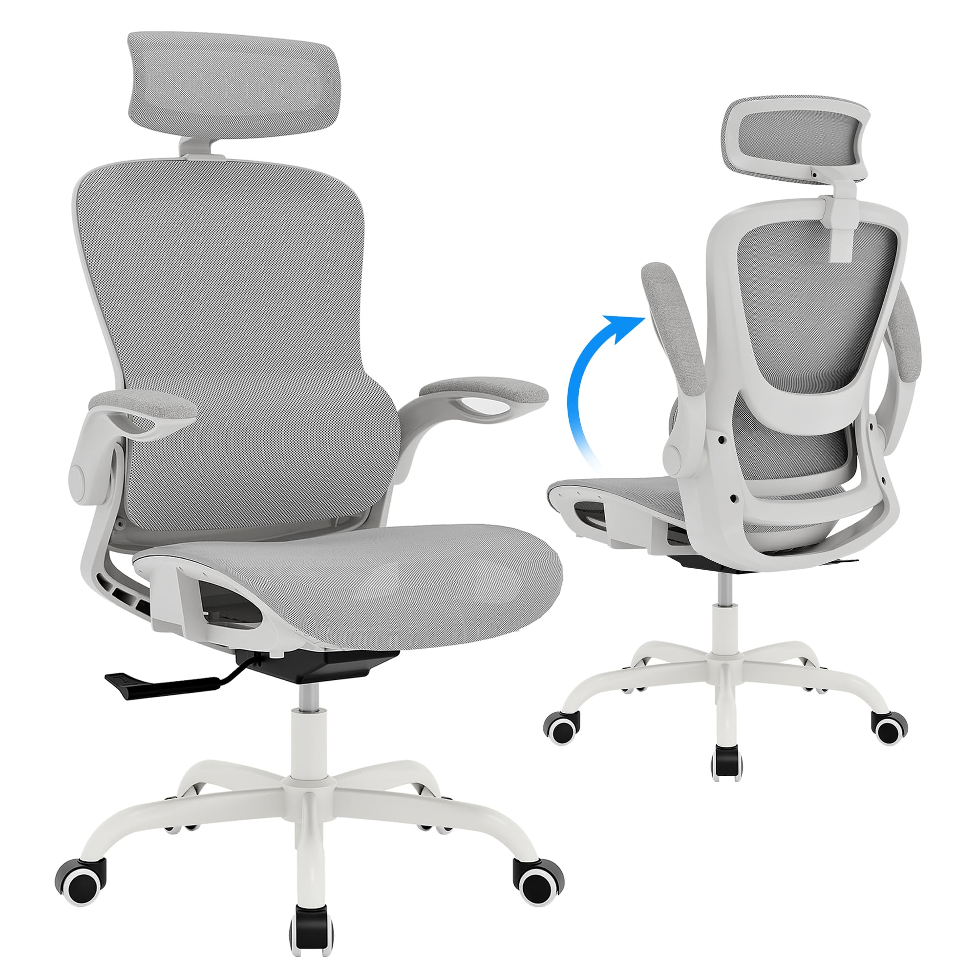 GABRYLLY Ergonomic Mesh Office Chair, Adjustable Home Desk Chair with Folding Armrest, 2D Headrest, Soft Seat and PU Wheel, Black Swivel Task Chair for Office, Business, Student (GY1108)