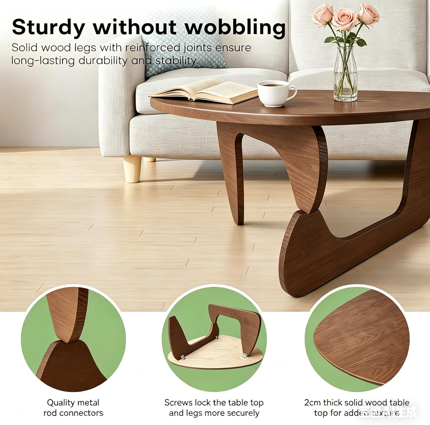 Modern Solid Wood Coffee Table, Unique Triangle Center Table for Living Room,35.4" x 22.8" x 16.5" Walnut