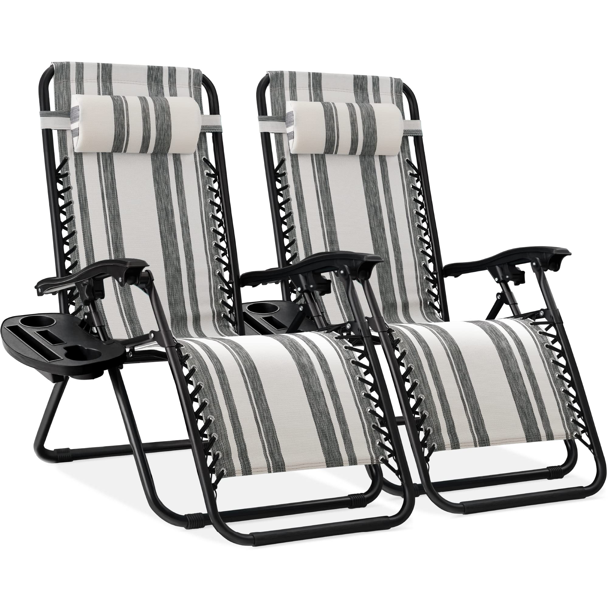 Best Choice Products Set of 2 Adjustable Steel Mesh Zero Gravity Lounge Chair Recliners w/Pillows and Cup Holder Trays - Black