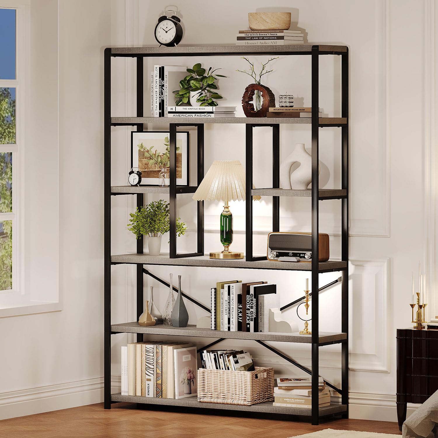 LVB Tall Industrial Etagere Bookcase, Modern Wood Large Open 6 Tier Bookshelf, Vintage Wide Metal Book Shelf Organizer, Farmhouse Book Shelves for Bedroom Living Room Home Office Storage, Rustic Oak