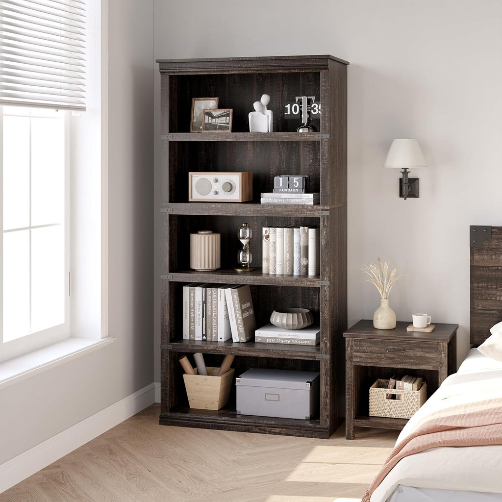 IDEALHOUSE 5 Tier Bookcase, Farmhouse Book Shelf with Storage, 71" Tall Book Case Wooden 5 Shelf Bookcase for Home Office, Living Room, Bed Room (Oak, 67.4" H x 31.5" W x 12.8" D)