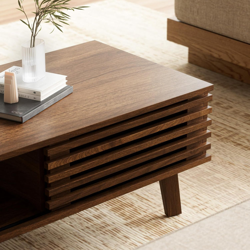 Furniway Mid Century Modern Coffee Table, Wood Coffee Table with Storage, Farmhouse Table for Living Room, Apartment, Walnut