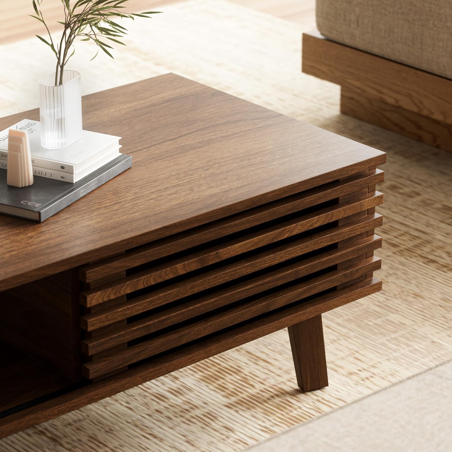 Furniway Mid Century Modern Coffee Table, Wood Coffee Table with Storage, Farmhouse Table for Living Room, Apartment, Walnut