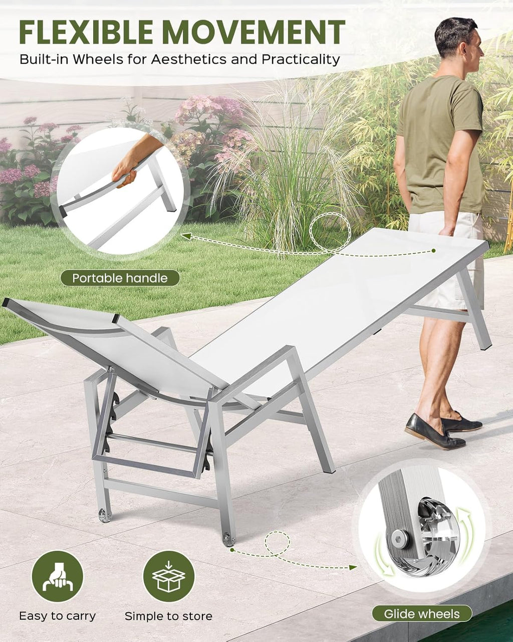 Vexwalx Patio Chaise Lounge Outdoor with Wheels&Armrests, Aluminum Pool Lounge Chairs 5-Position Adjustable Recliner, Sun Beach Lounge Chairs for Poolside, Patio, Deck, Yard, White