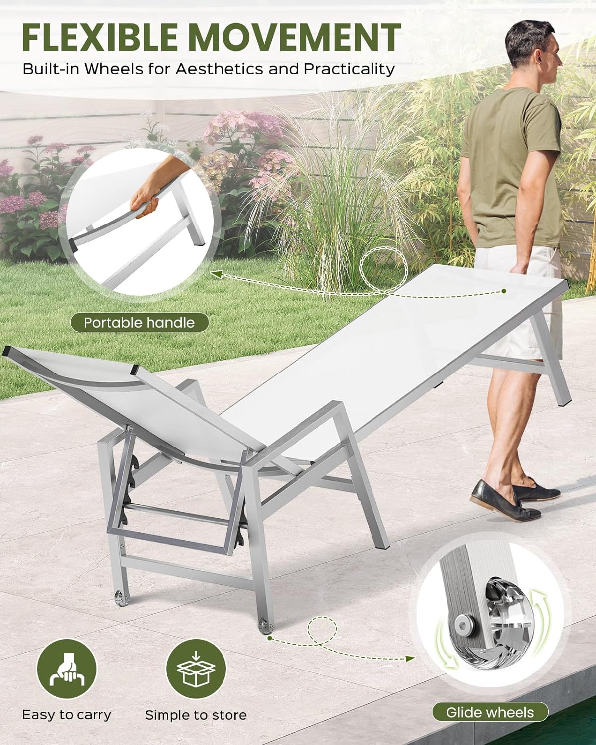 Vexwalx Patio Chaise Lounge Outdoor with Wheels&Armrests, Aluminum Pool Lounge Chairs 5-Position Adjustable Recliner, Sun Beach Lounge Chairs for Poolside, Patio, Deck, Yard, White