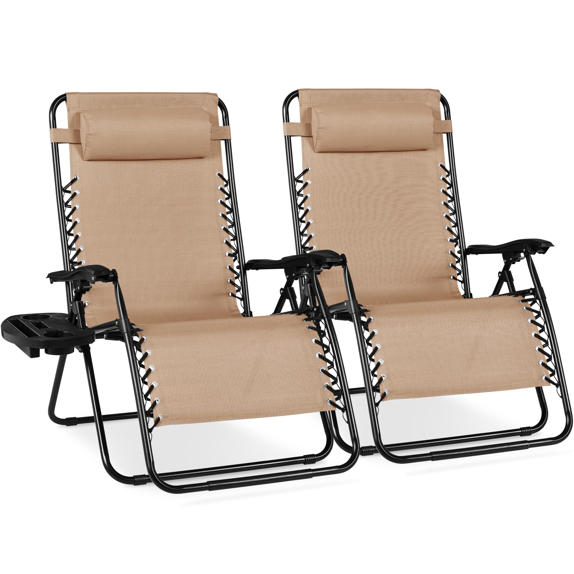Best Choice Products Set of 2 Adjustable Steel Mesh Zero Gravity Lounge Chair Recliners w/Pillows and Cup Holder Trays - Black