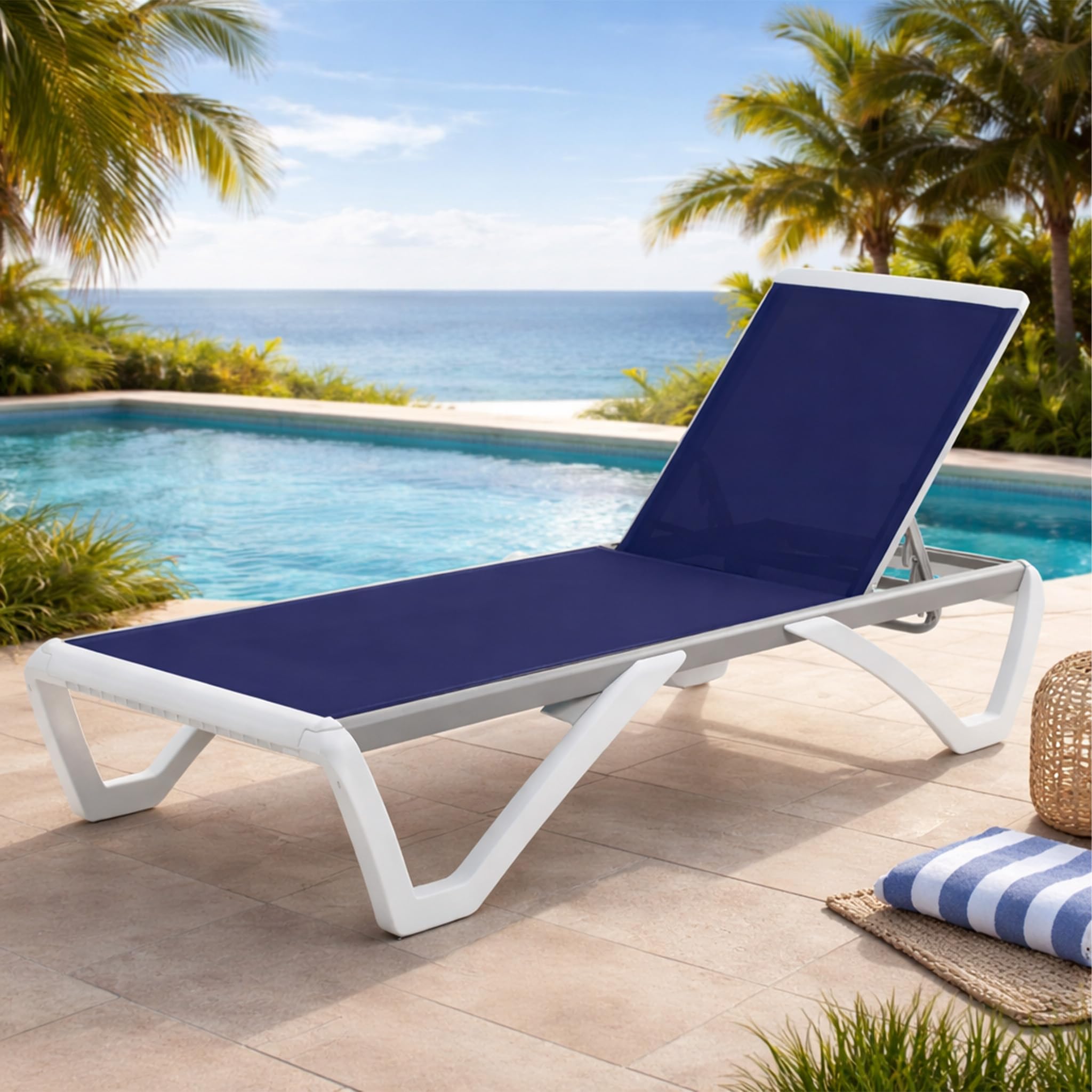 Kozyard Outdoor Chaise Lounge Chair, Full Flat Adjustable Patio Lounger with Aluminum Frame & Resin Legs, Textilene Fabric for Poolside, Backyard & Beach (Gray Without Table)