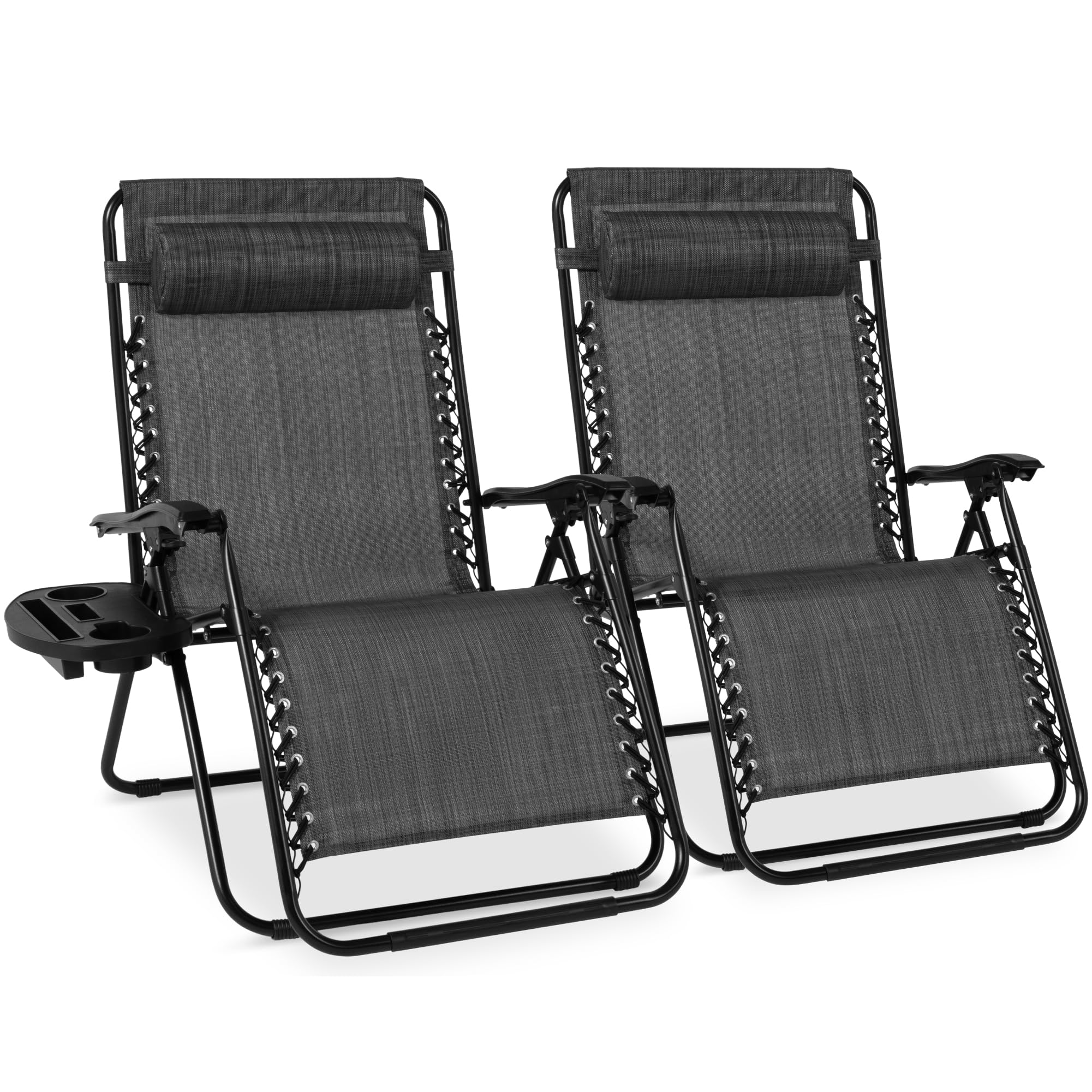 Best Choice Products Set of 2 Adjustable Steel Mesh Zero Gravity Lounge Chair Recliners w/Pillows and Cup Holder Trays - Black