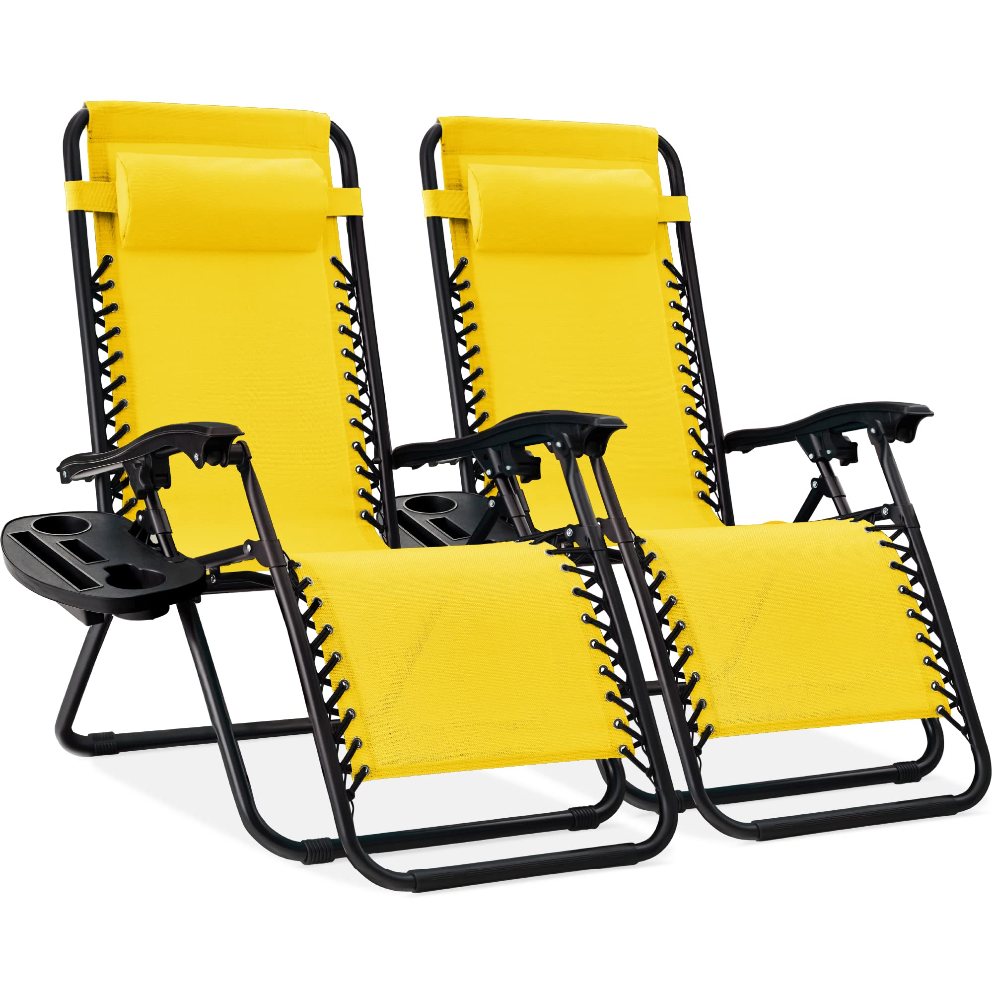 Best Choice Products Set of 2 Adjustable Steel Mesh Zero Gravity Lounge Chair Recliners w/Pillows and Cup Holder Trays - Black
