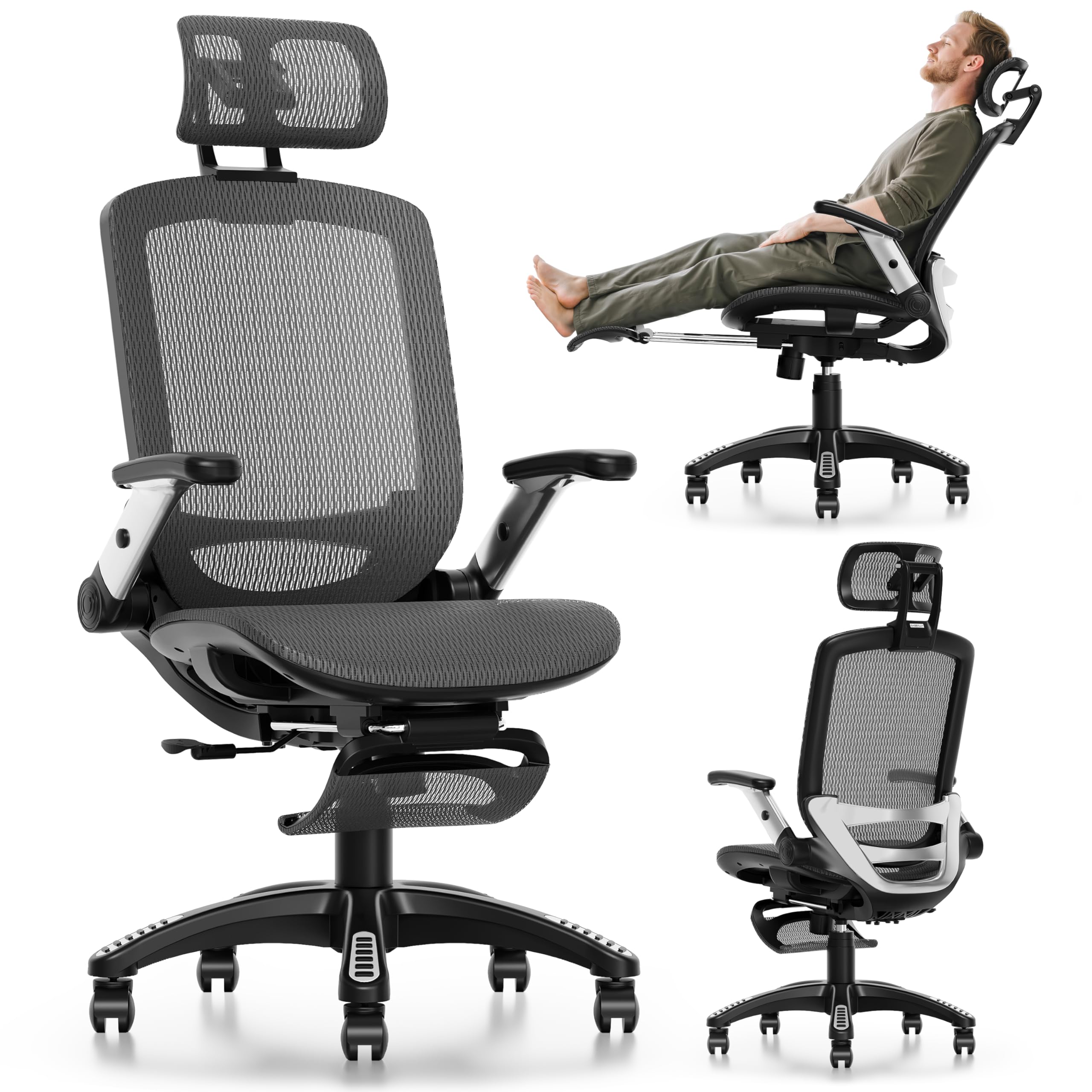 GABRYLLY Ergonomic Office Chair, High Back Home Desk Chair with Flip-Up Arms, Headrest, 90-120° Tilt and Wide Cushion, 300LBS White Mesh Chair for Work Gaming Study (GY01-NT, Woodgrain Pattern)