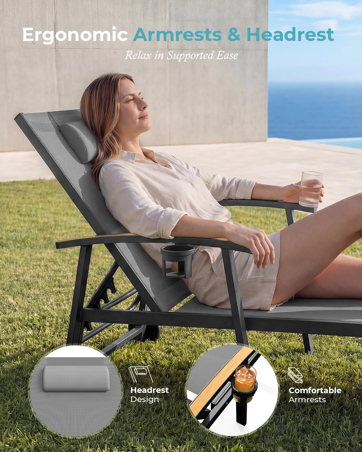Ciokea Outdoor Lounge Chair with Pillow, 5-Position Aluminum Chaise Lounge with Wheels & Armrests, 400 lbs Heavy Duty Patio Pool Chair for Deck, Backyard, Beach & Poolside, Grey