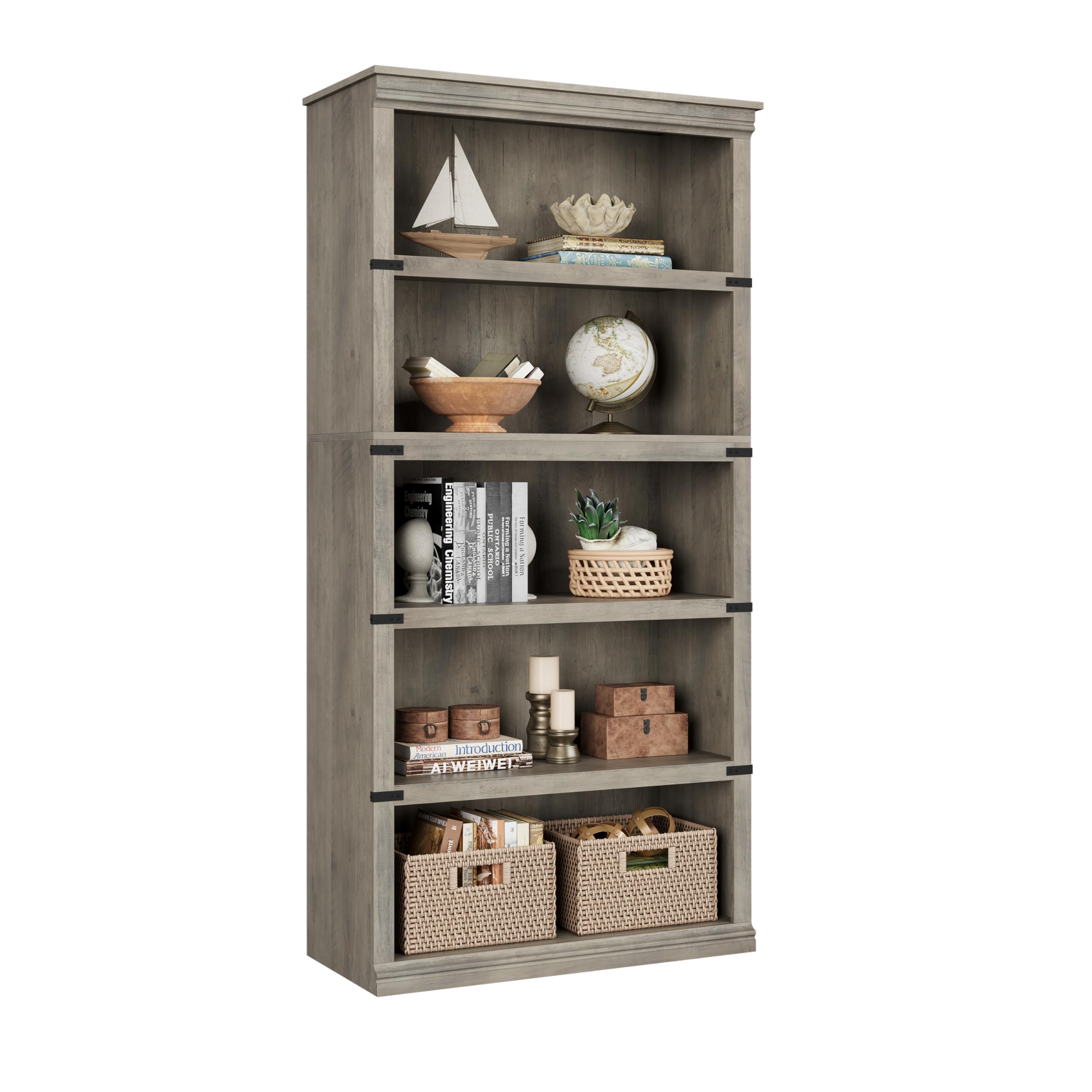 IDEALHOUSE 5 Tier Bookcase, Farmhouse Book Shelf with Storage, 71" Tall Book Case Wooden 5 Shelf Bookcase for Home Office, Living Room, Bed Room (Oak, 67.4" H x 31.5" W x 12.8" D)